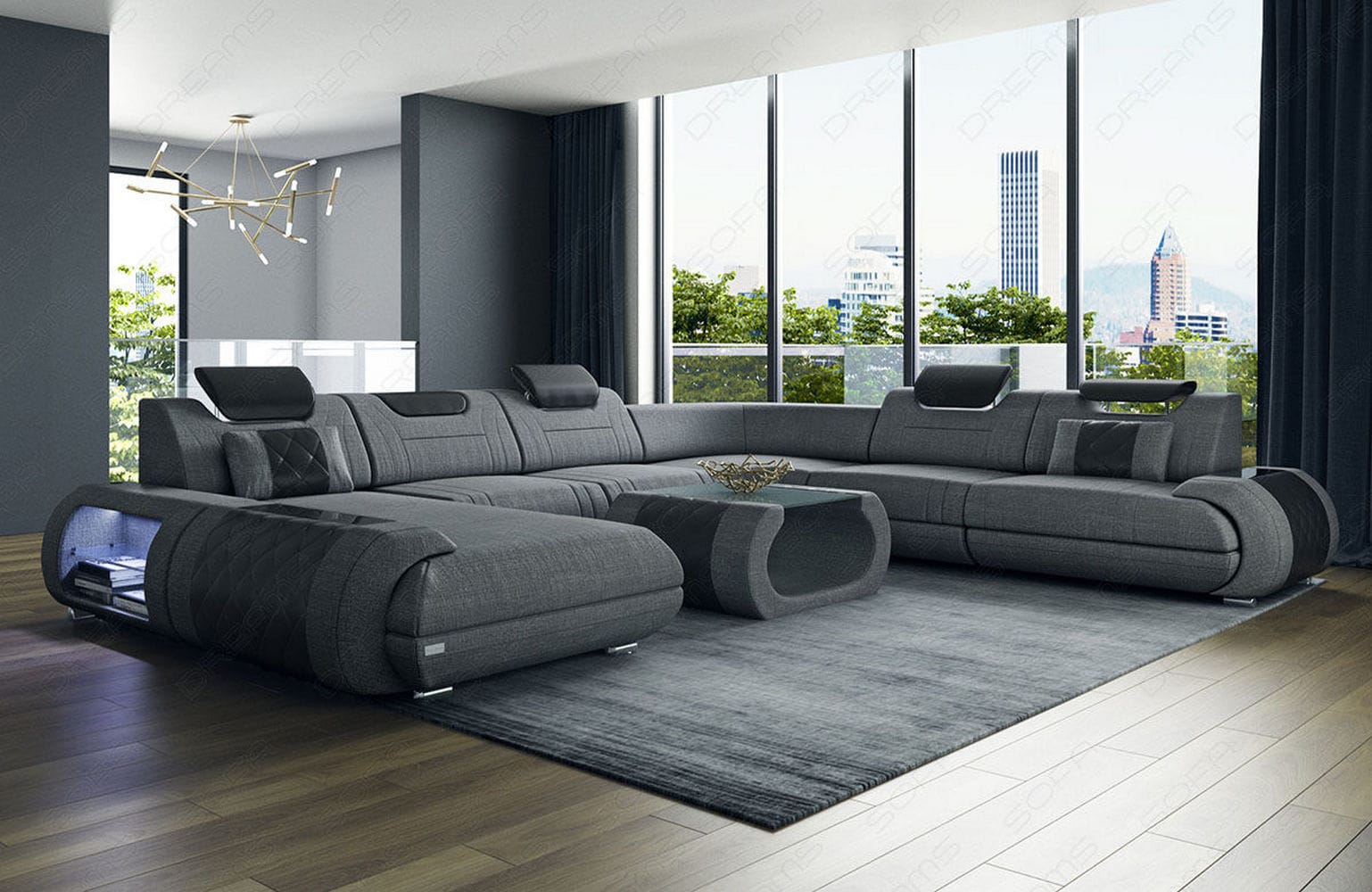 XXL Stoff Wohnlandschaft Rimini – Modern & Bequem Grau-Schwarz