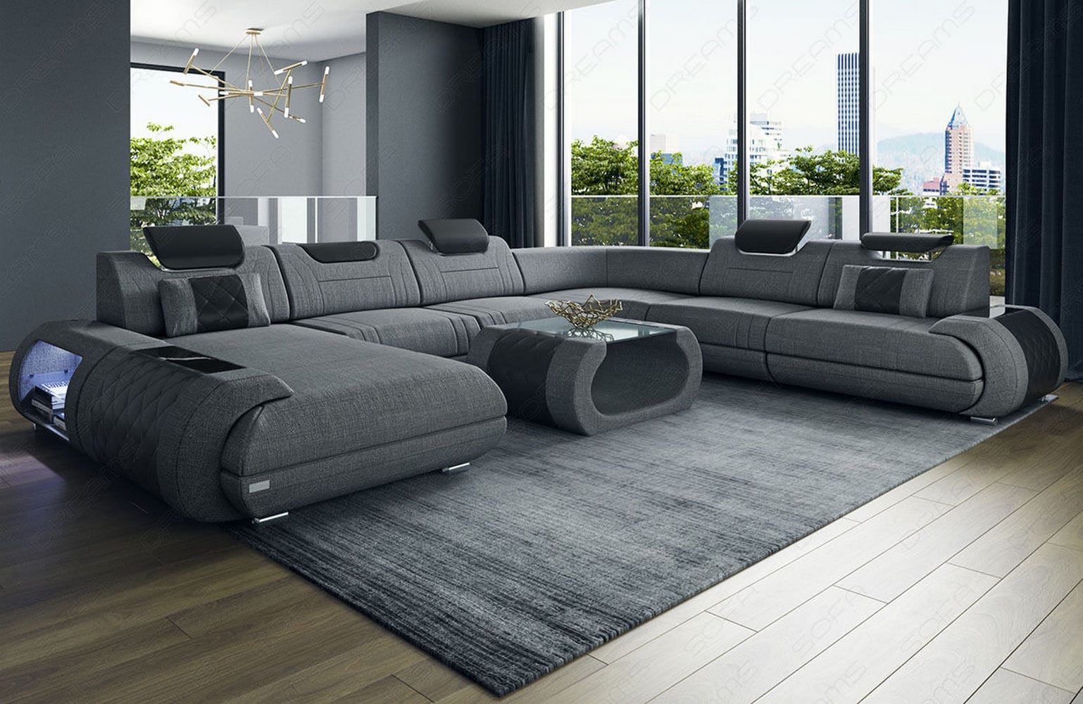 XXL Stoff Wohnlandschaft Rimini – Modern & Bequem Grau-Schwarz