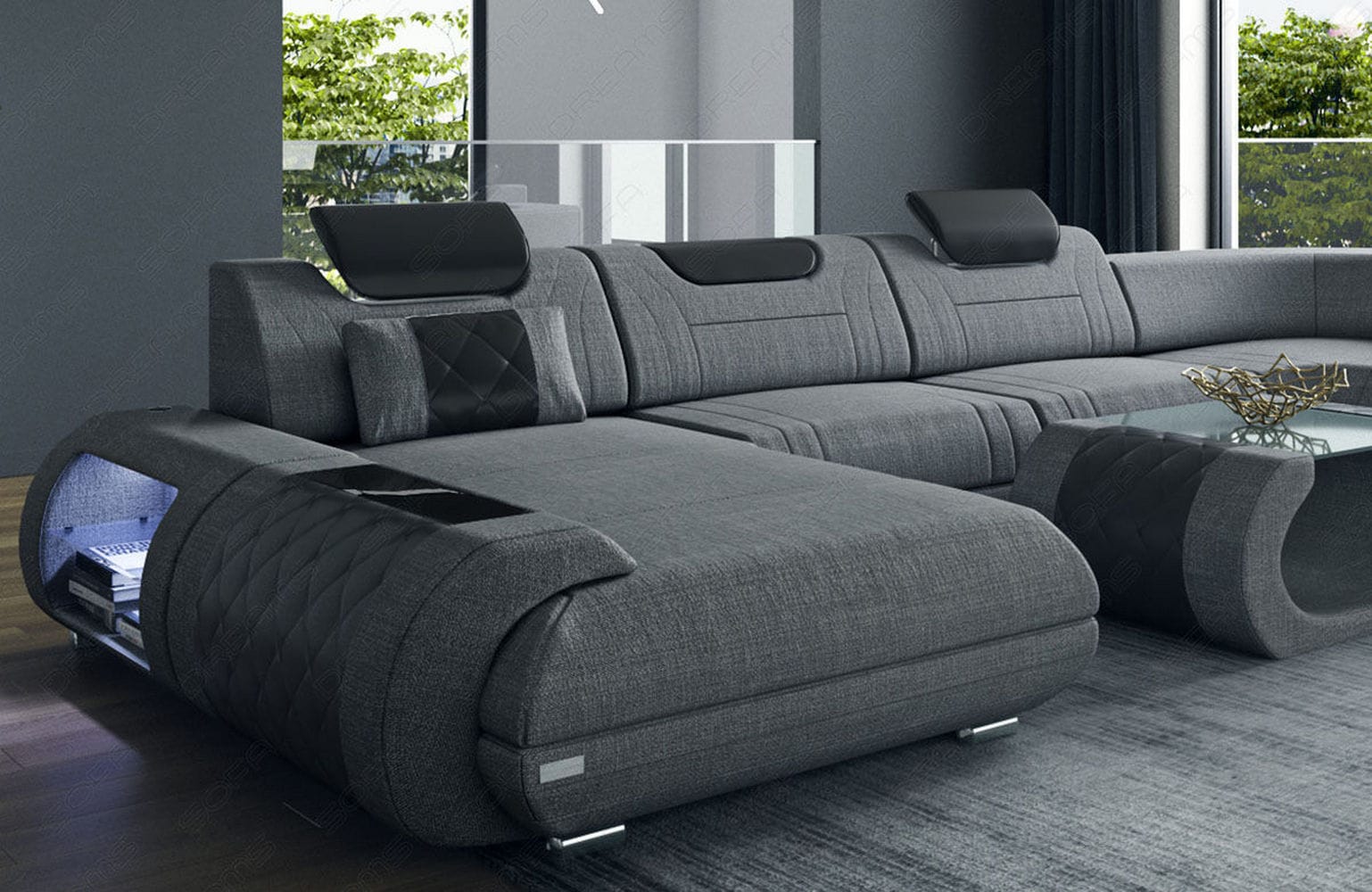 XXL Stoff Wohnlandschaft Rimini – Modern & Bequem Grau-Schwarz