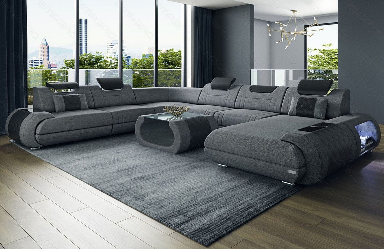 XXL Stoff Wohnlandschaft Rimini – Modern & Bequem Grau-Schwarz