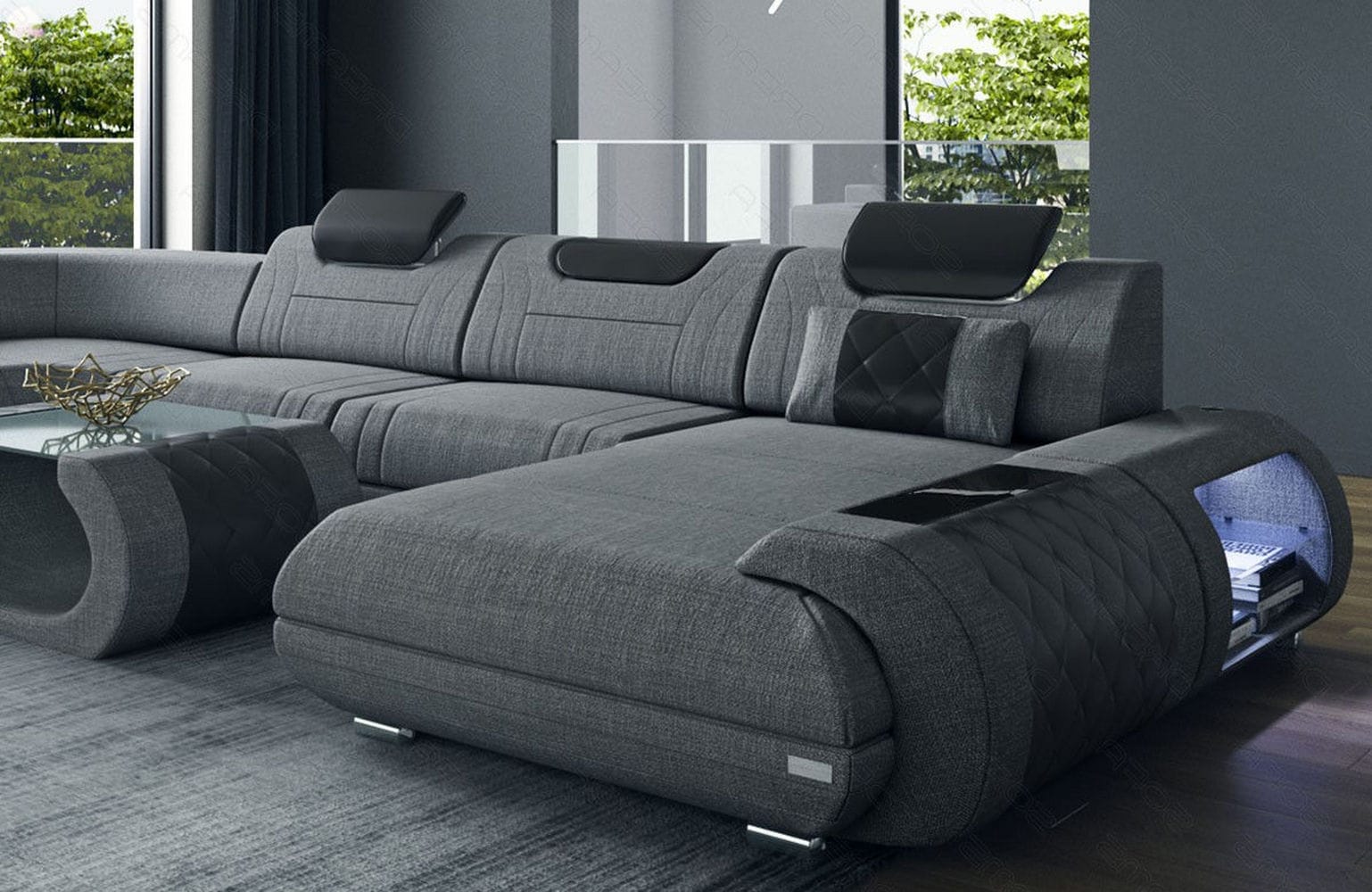 XXL Stoff Wohnlandschaft Rimini – Modern & Bequem Grau-Schwarz