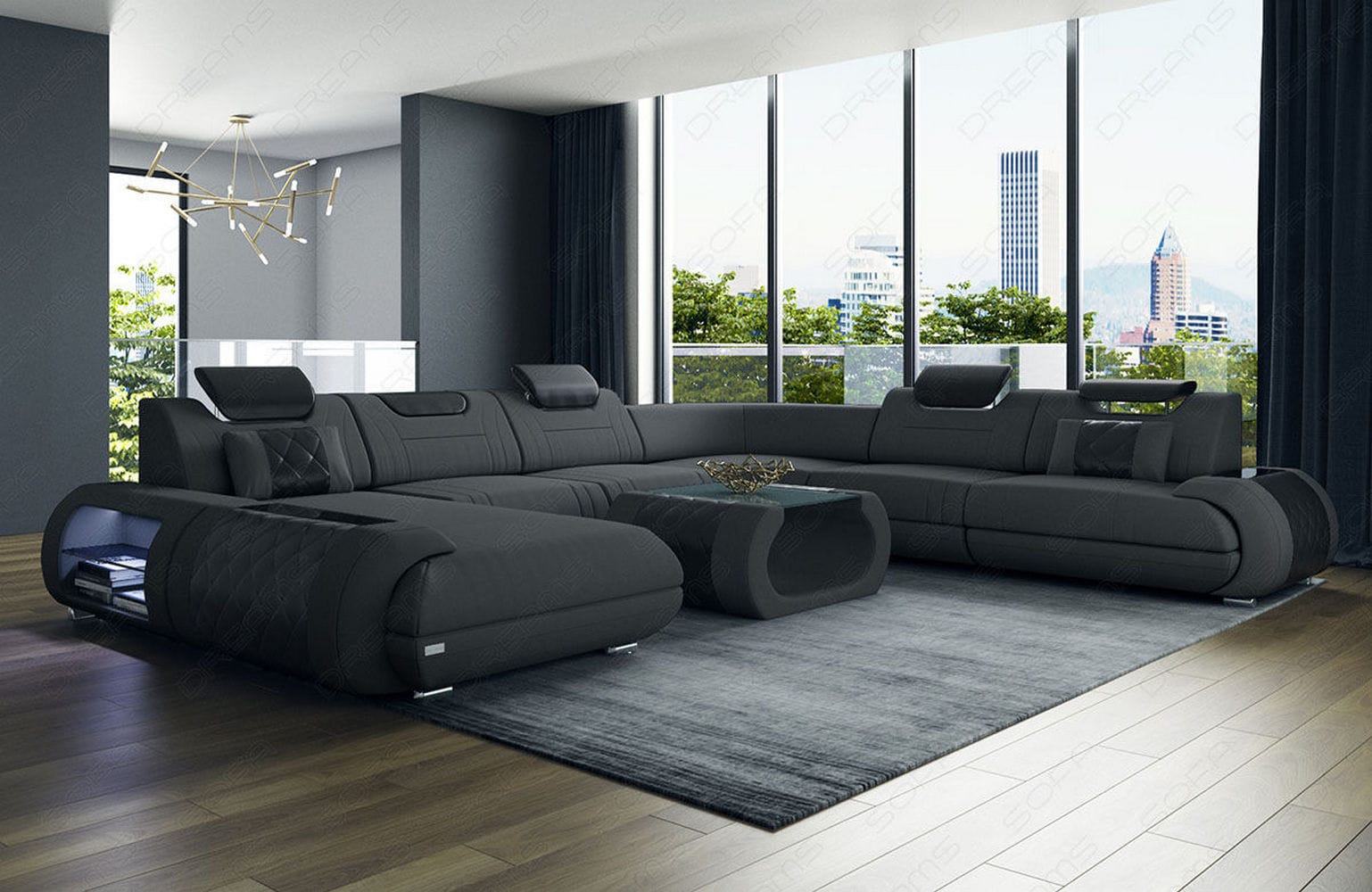 XXL Stoff Wohnlandschaft Rimini – Modern & Bequem Dunkelgrau-Schwarz