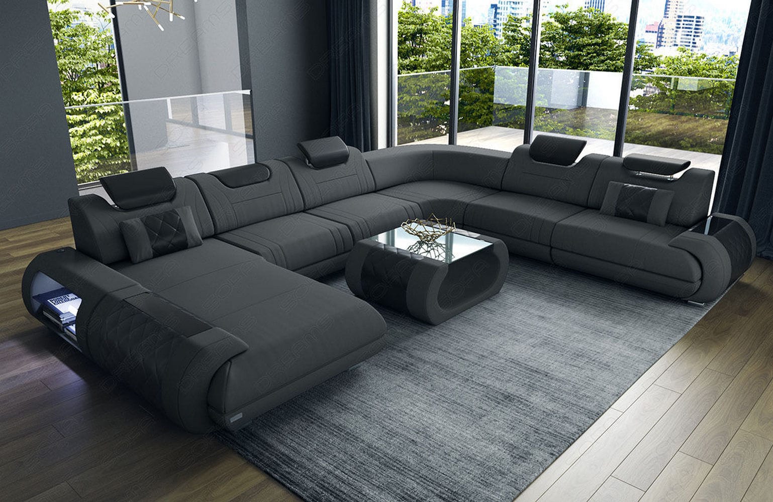 XXL Stoff Wohnlandschaft Rimini – Modern & Bequem Dunkelgrau-Schwarz