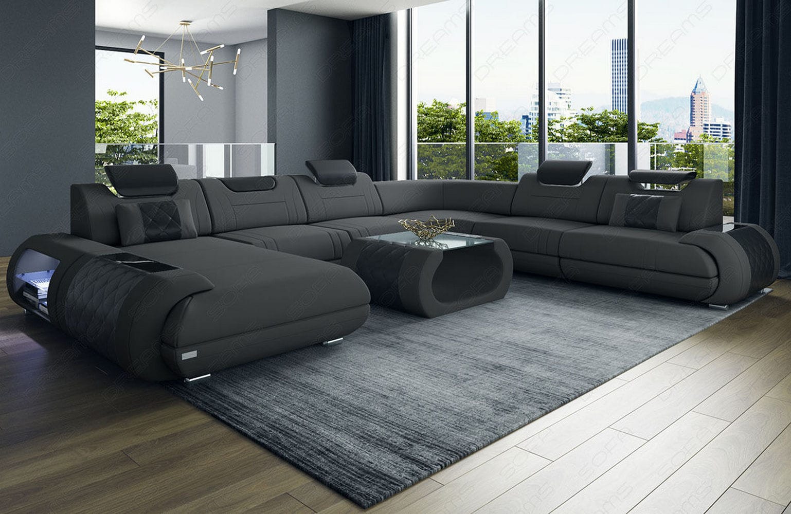 XXL Stoff Wohnlandschaft Rimini – Modern & Bequem Dunkelgrau-Schwarz