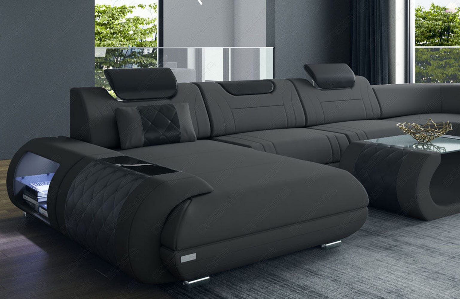 XXL Stoff Wohnlandschaft Rimini – Modern & Bequem Dunkelgrau-Schwarz