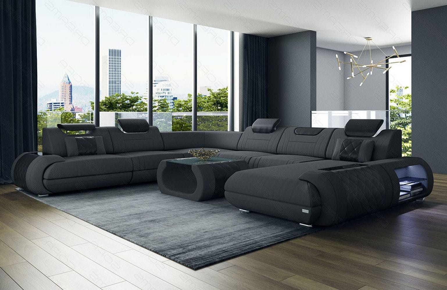 XXL Stoff Wohnlandschaft Rimini – Modern & Bequem Dunkelgrau-Schwarz