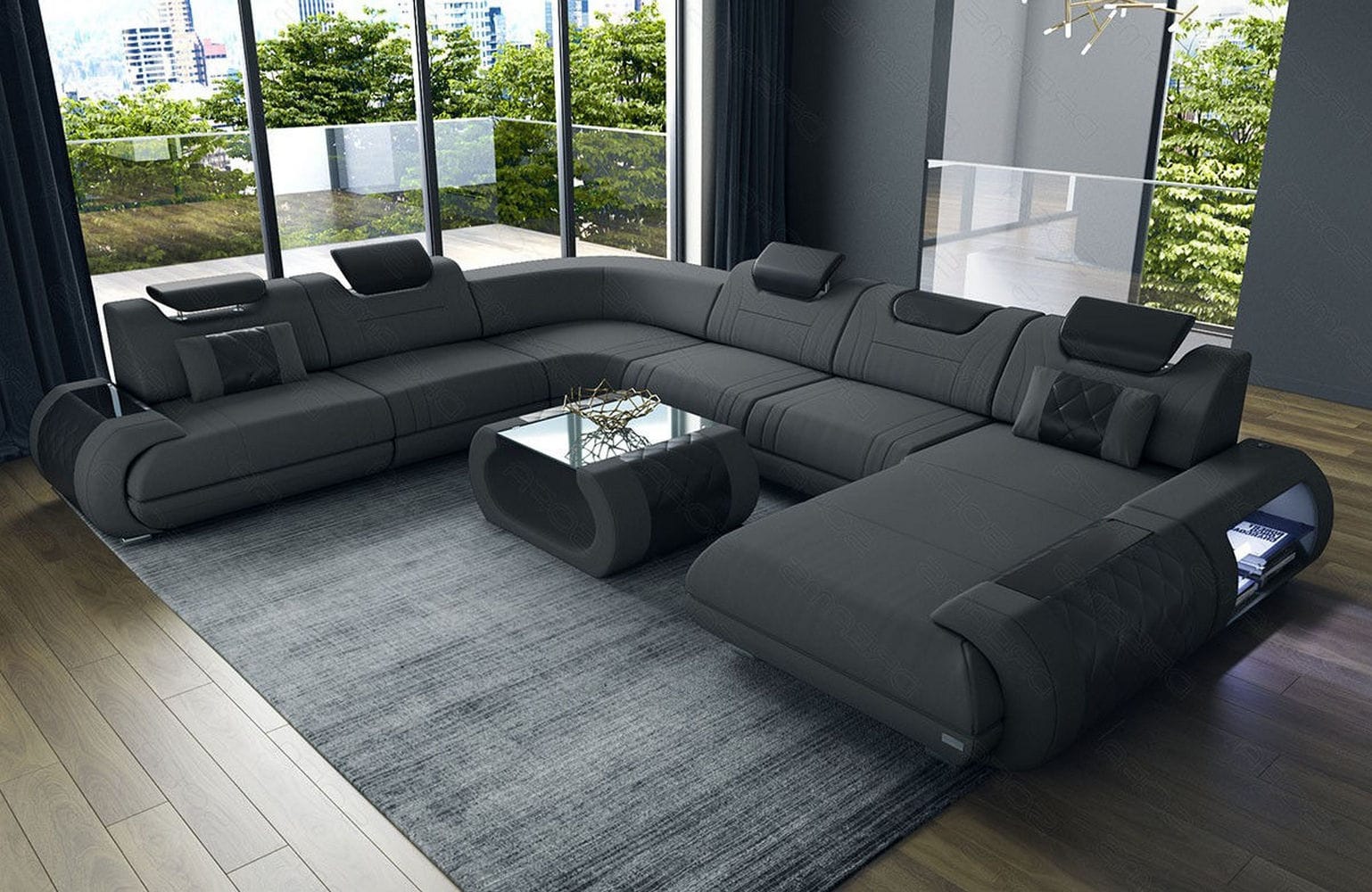 XXL Stoff Wohnlandschaft Rimini – Modern & Bequem Dunkelgrau-Schwarz
