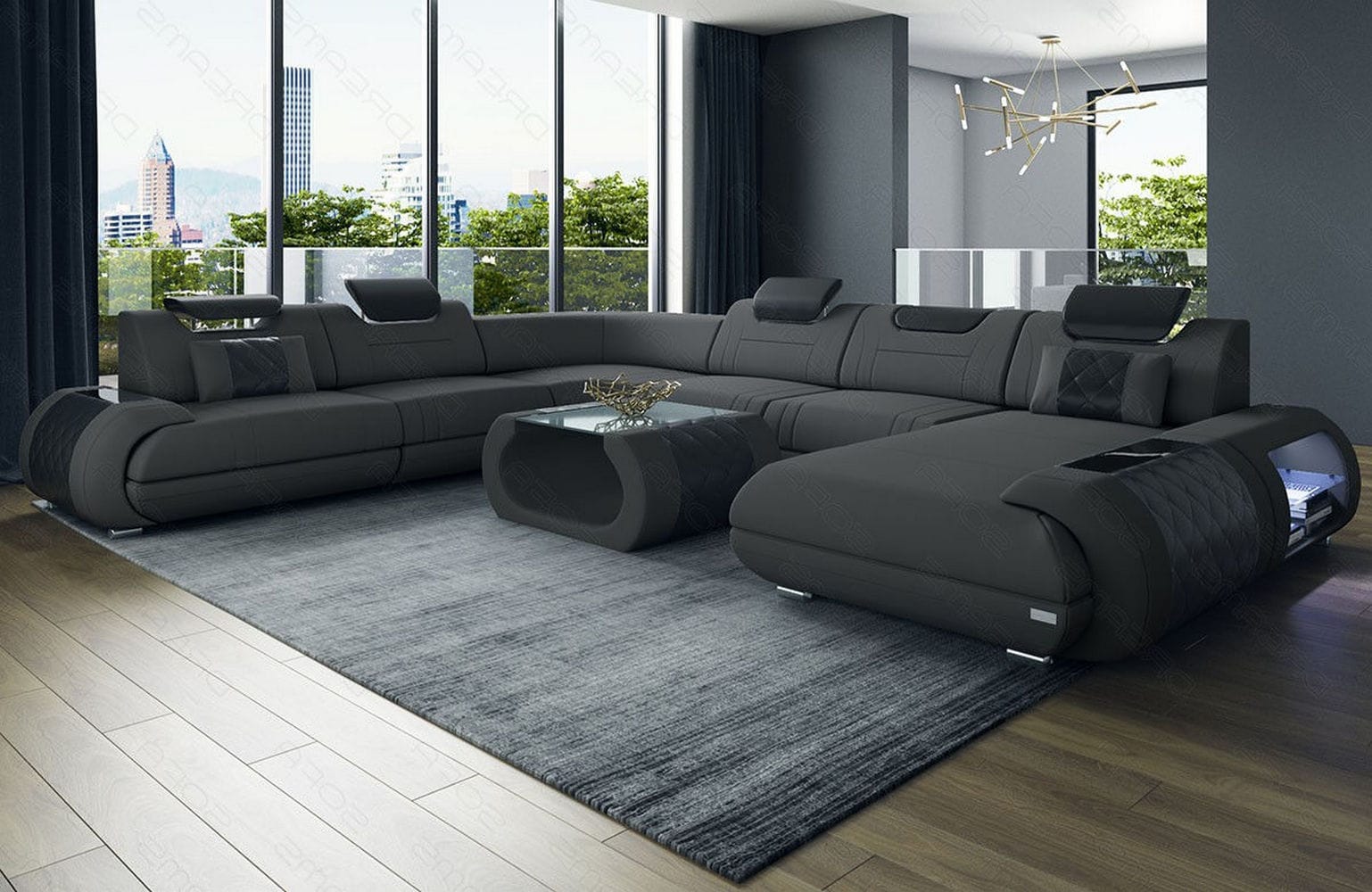 XXL Stoff Wohnlandschaft Rimini – Modern & Bequem Dunkelgrau-Schwarz