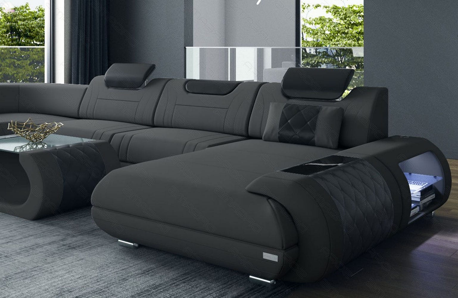 XXL Stoff Wohnlandschaft Rimini – Modern & Bequem Dunkelgrau-Schwarz