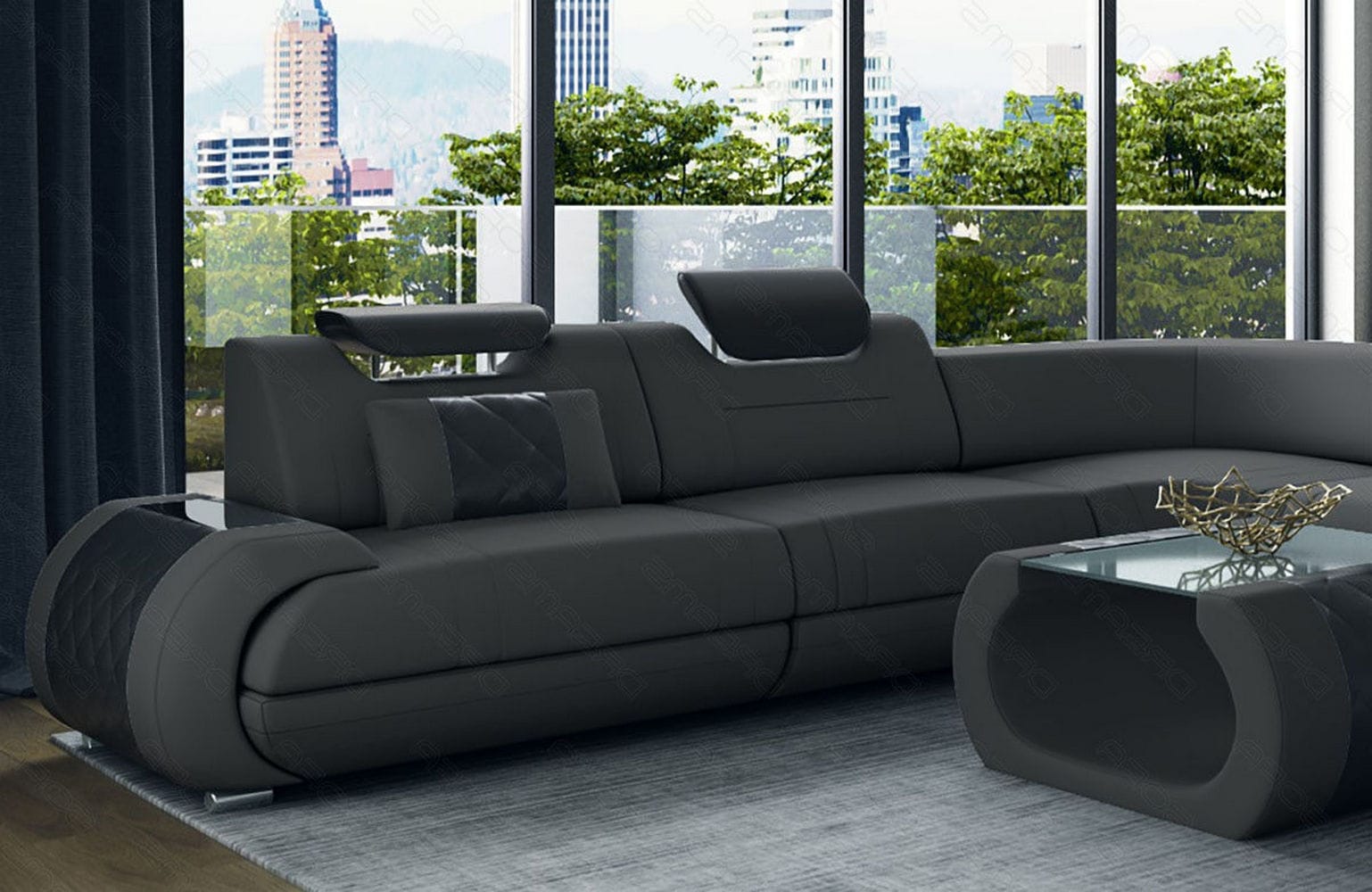 XXL Stoff Wohnlandschaft Rimini – Modern & Bequem Dunkelgrau-Schwarz