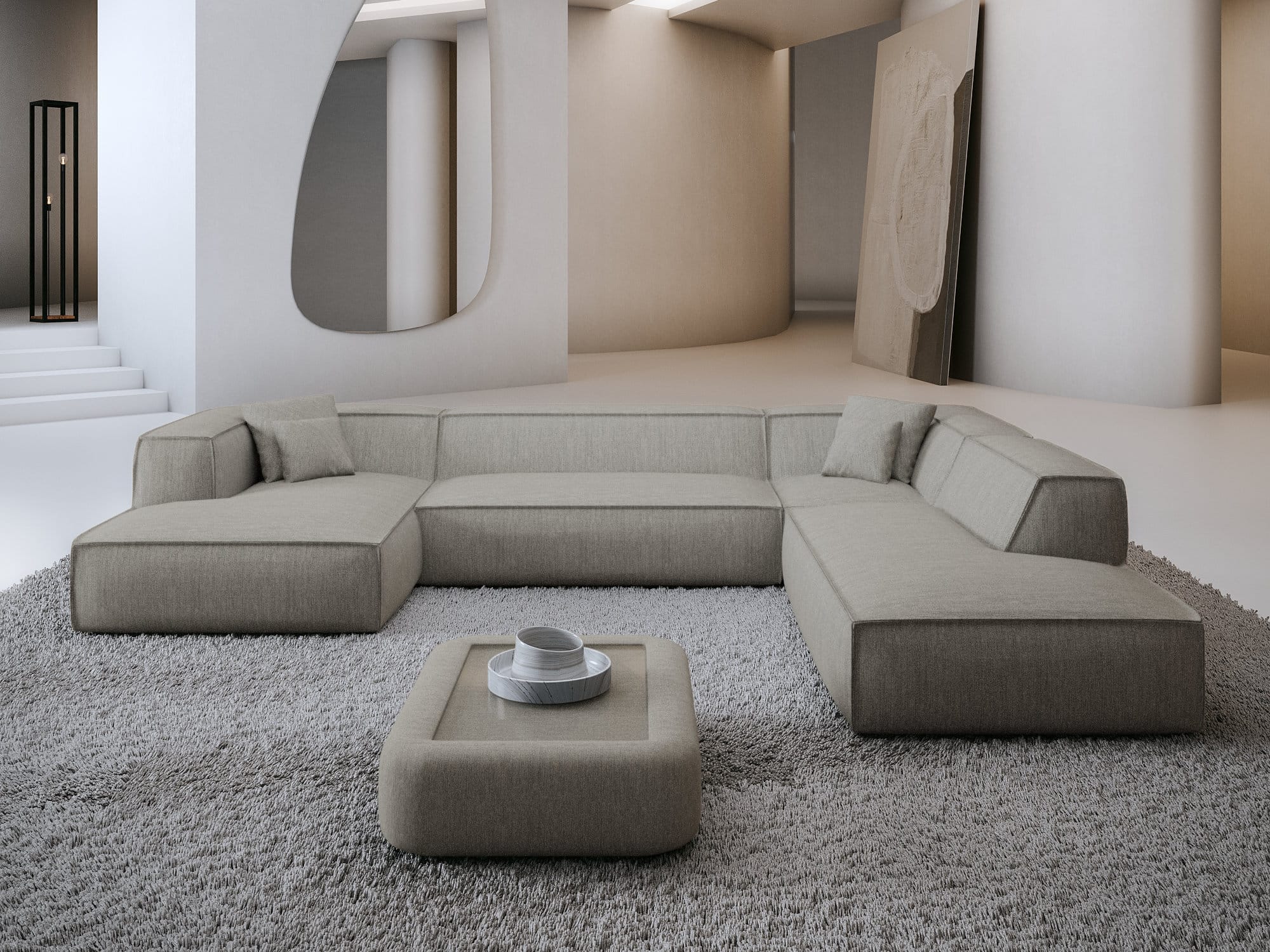 Wohnlandschaft Liranda Lounge U Form aus Stoff hellgrau
