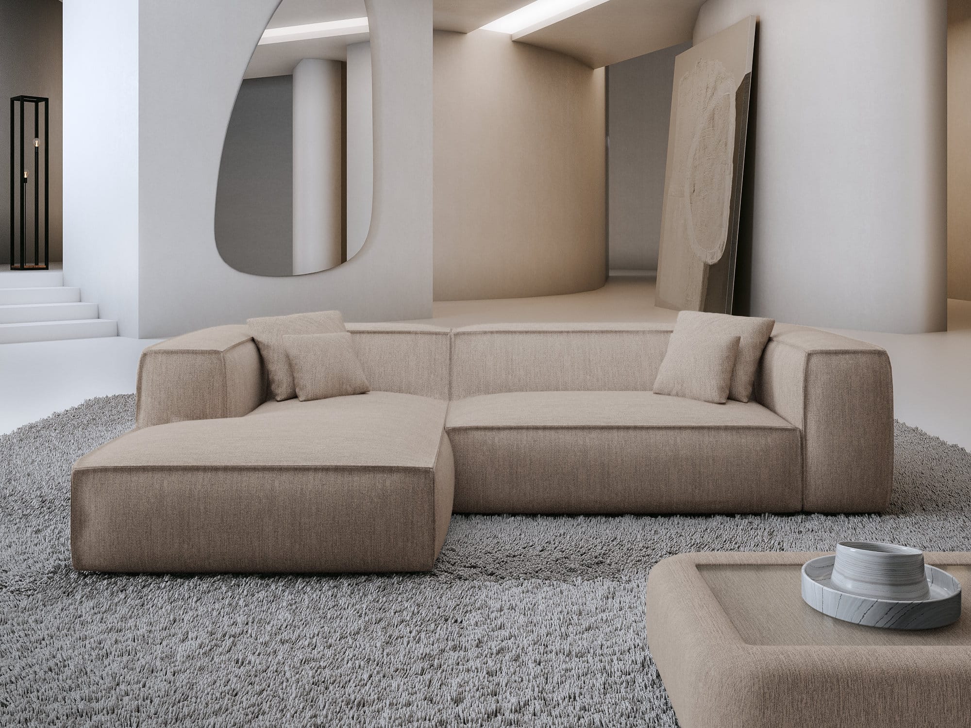 Ecksofa Liranda L-Form aus Stoff Beige