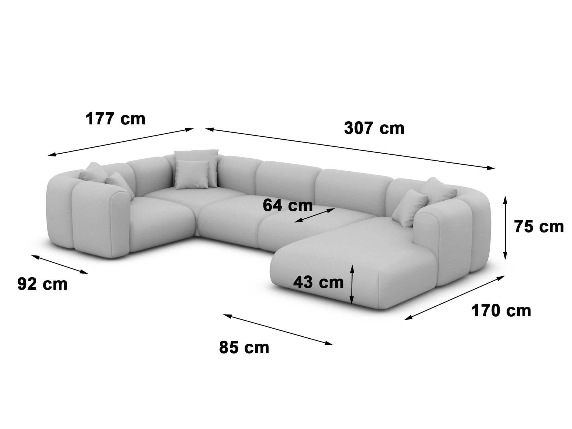 XL Wohnlandschaft Venturia U-Form aus Stoff Hellgrau