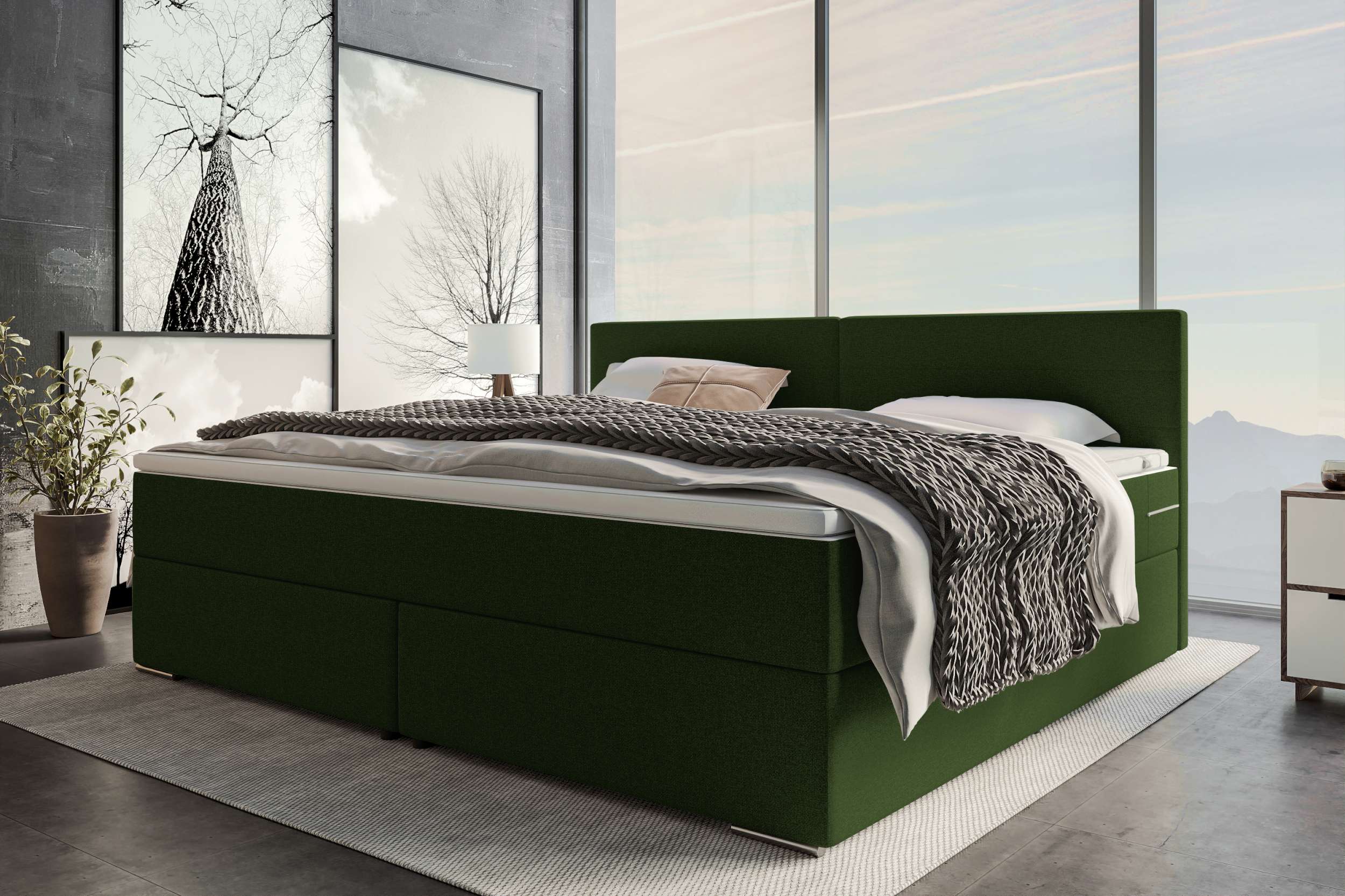 Boxspringbett Valerio Familienbett in Webstoff Dunkelgrün