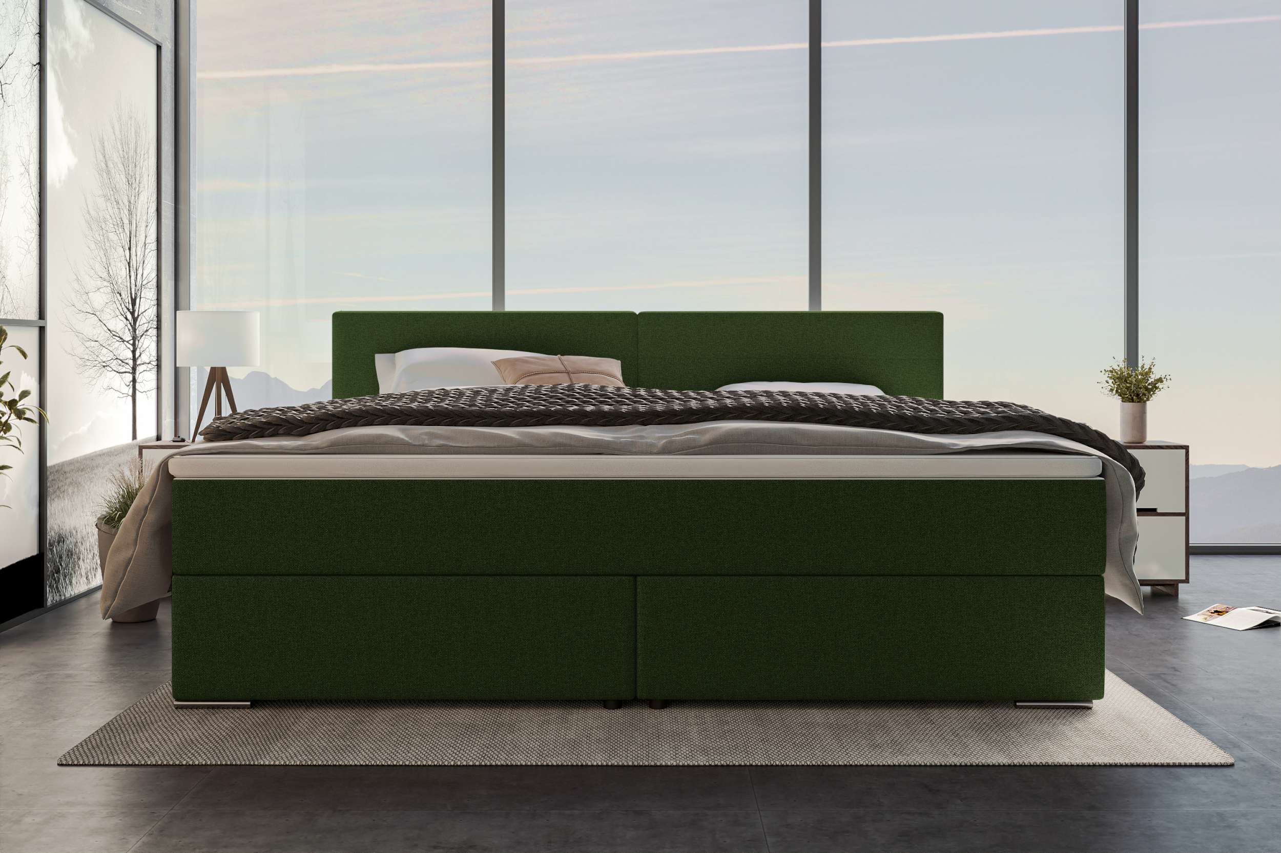 Boxspringbett Valerio Familienbett in Webstoff Dunkelgrün