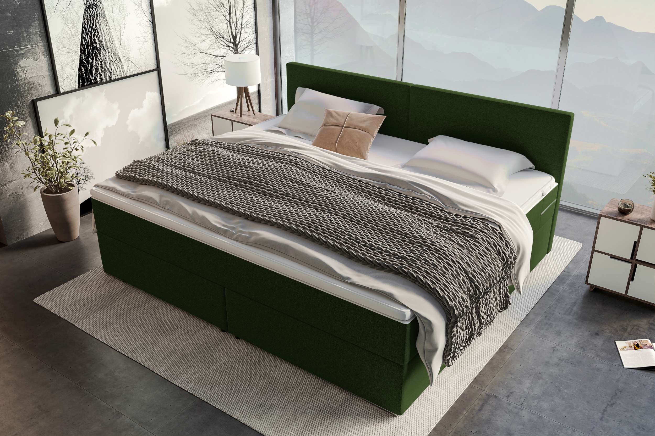 Boxspringbett Valerio Familienbett in Webstoff Dunkelgrün