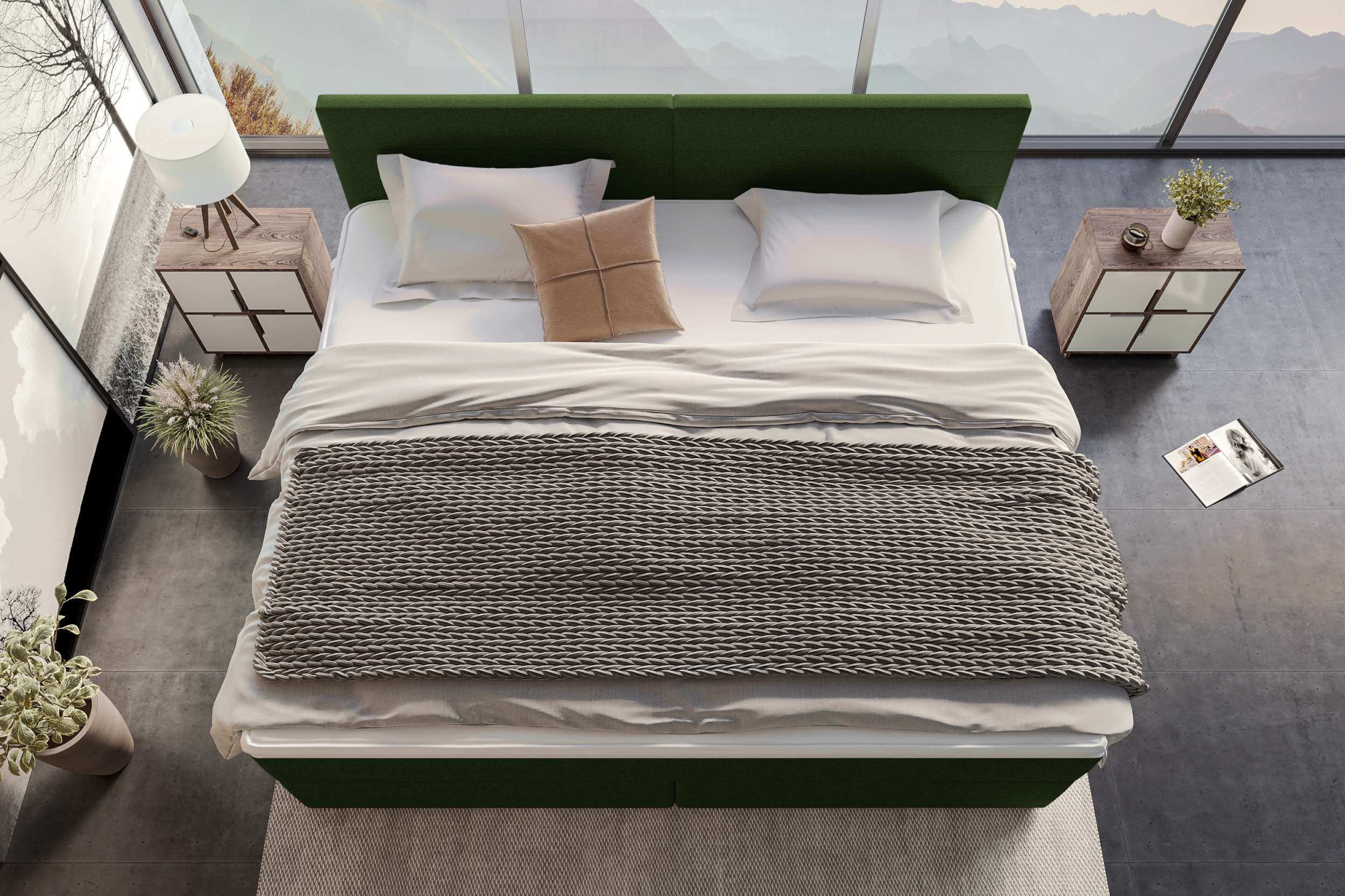 Boxspringbett Valerio Familienbett in Webstoff Dunkelgrün
