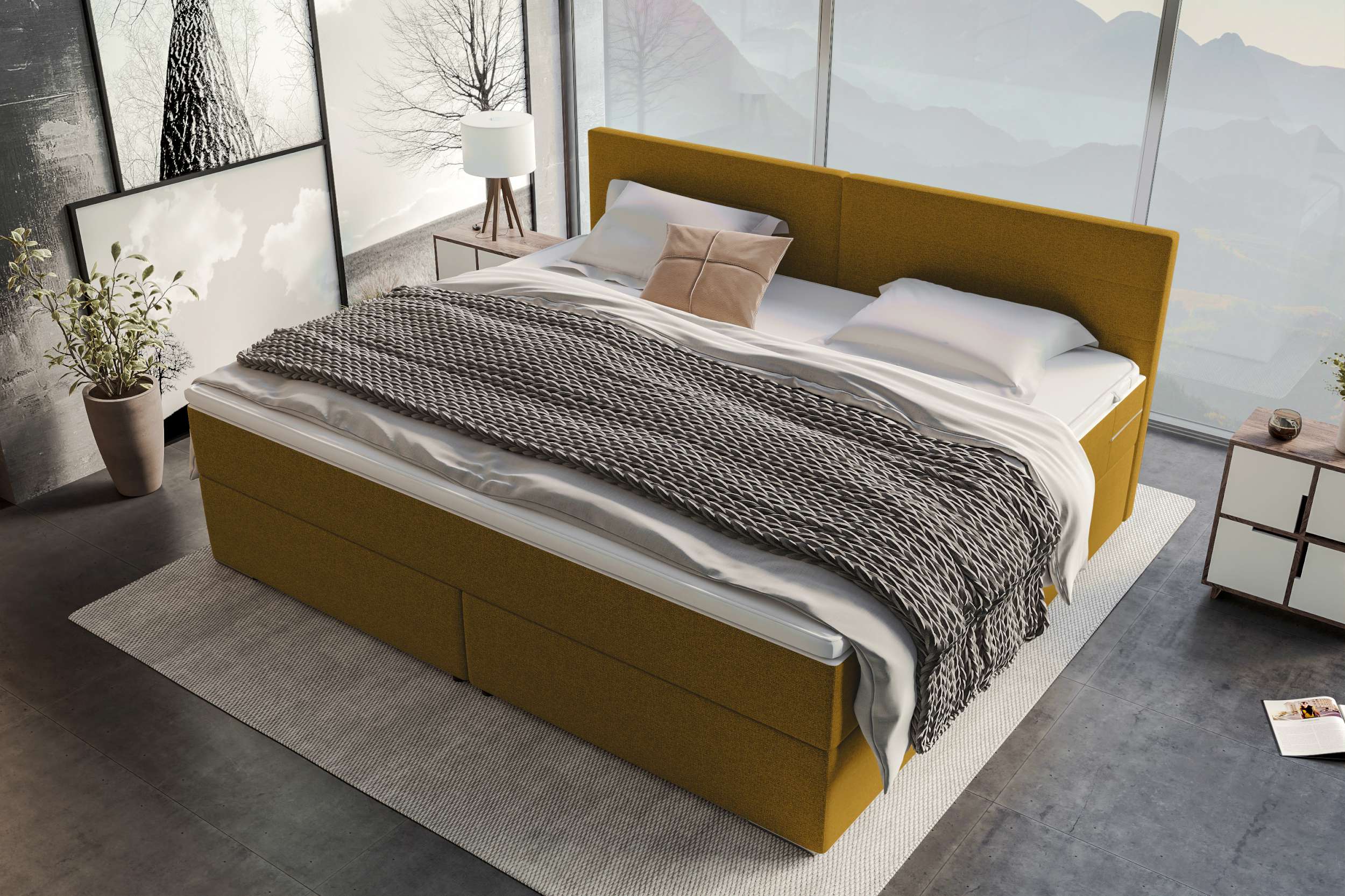 Boxspringbett Valerio Familienbett in Webstoff Gelb