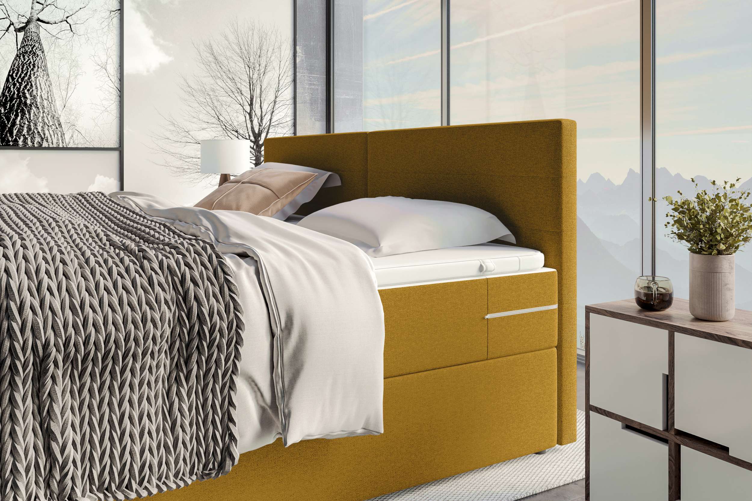 Boxspringbett Valerio Familienbett in Webstoff Gelb