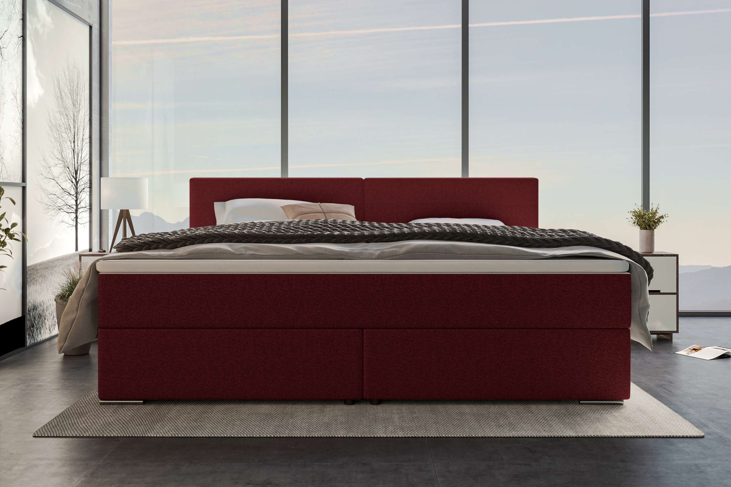 Boxspringbett Valerio Familienbett in Webstoff Bordeaux