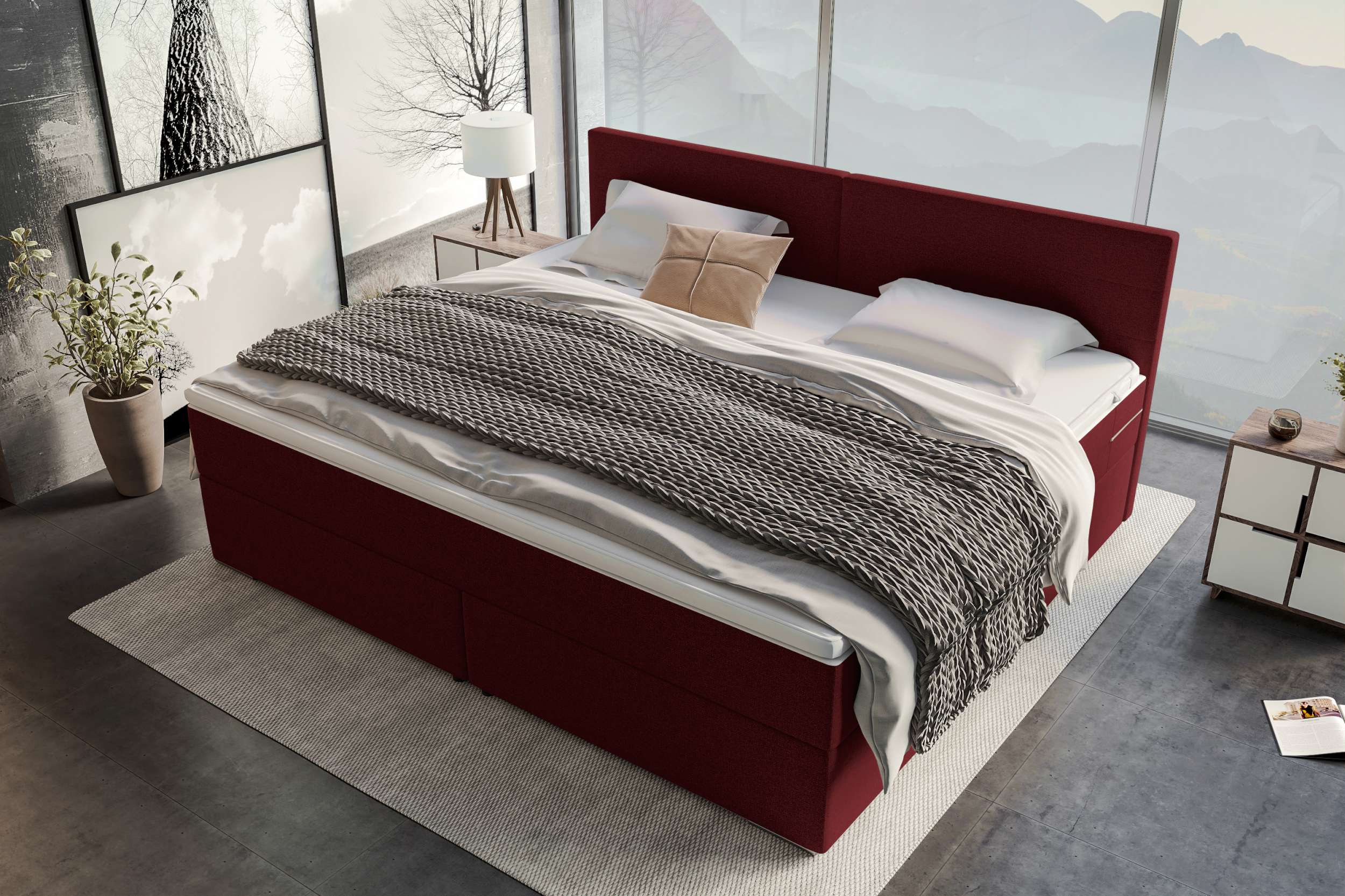 Boxspringbett Valerio Familienbett in Webstoff Bordeaux