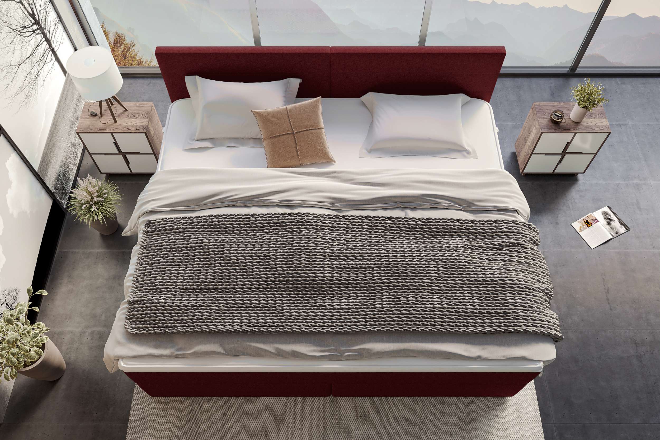 Boxspringbett Valerio Familienbett in Webstoff Bordeaux