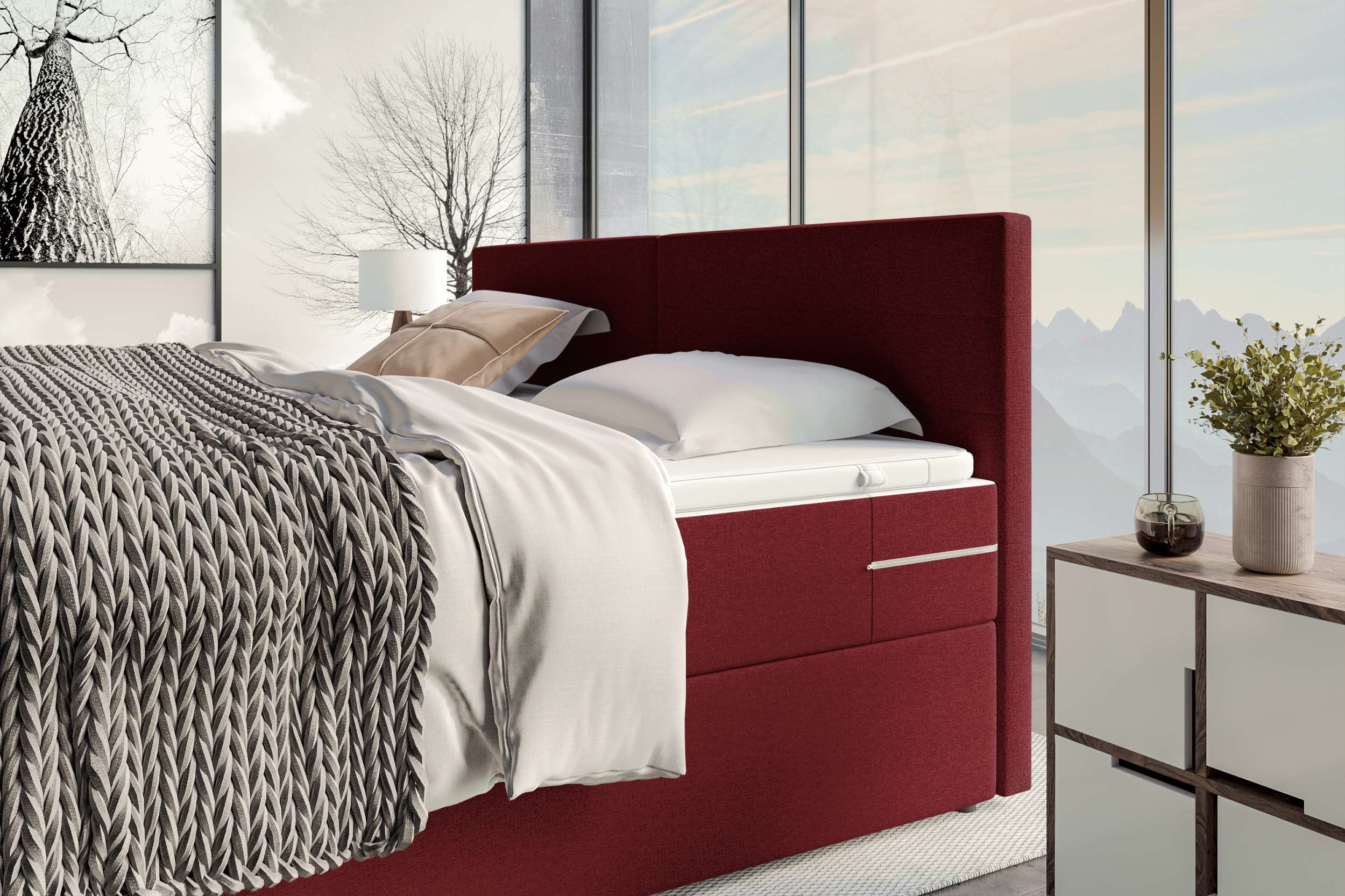 Boxspringbett Valerio Familienbett in Webstoff Bordeaux