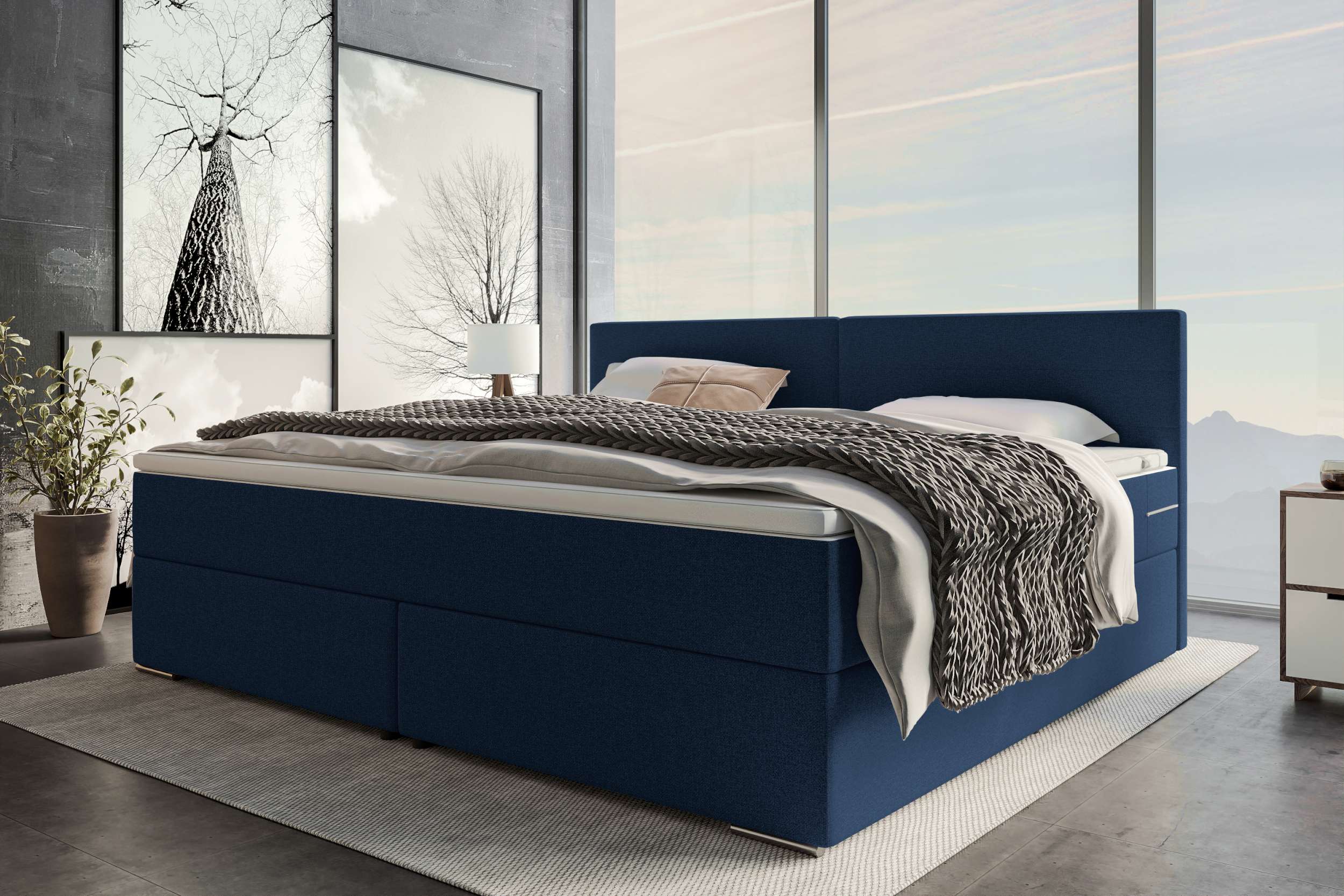 Boxspringbett Valerio Familienbett in Webstoff Dunkelblau