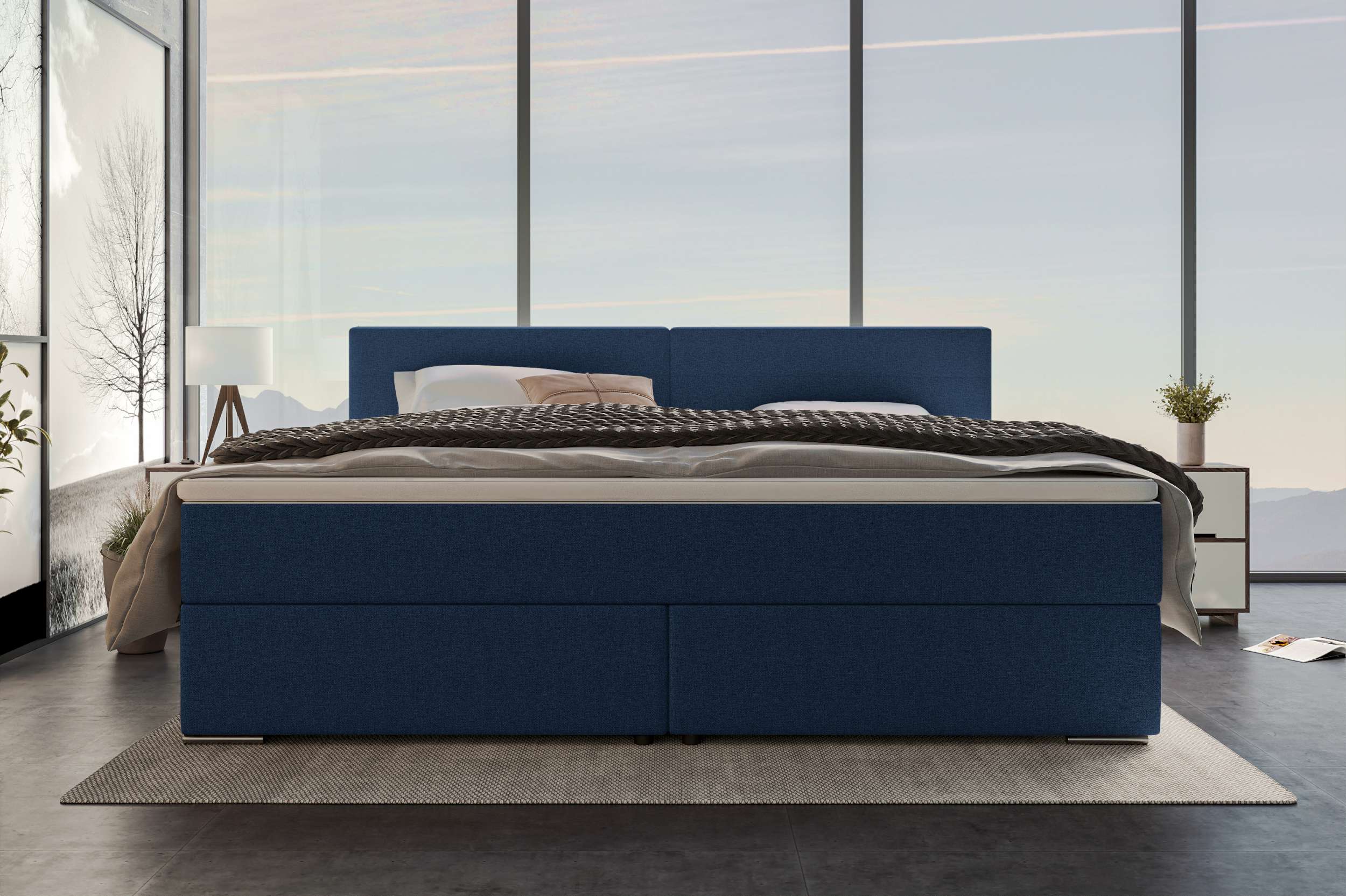 Boxspringbett Valerio Familienbett in Webstoff Dunkelblau