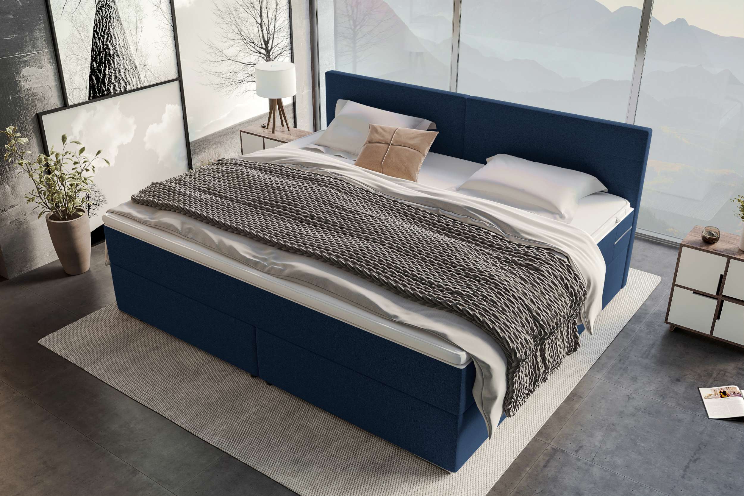 Boxspringbett Valerio Familienbett in Webstoff Dunkelblau