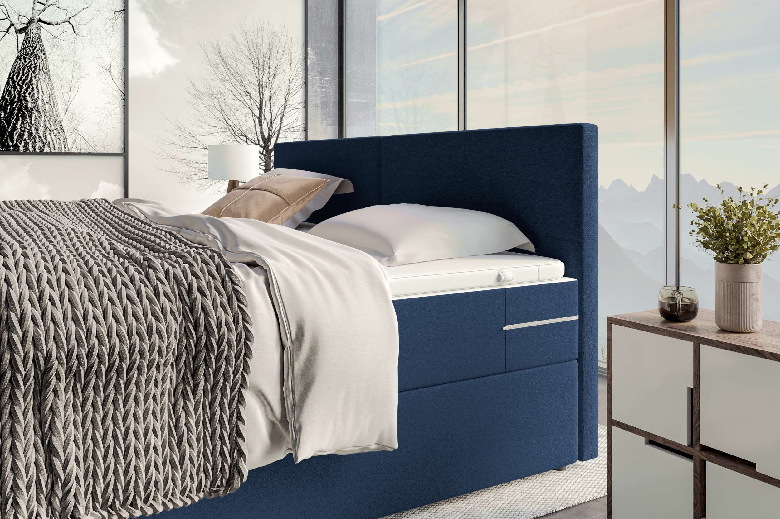 Boxspringbett Valerio Familienbett in Webstoff Dunkelblau