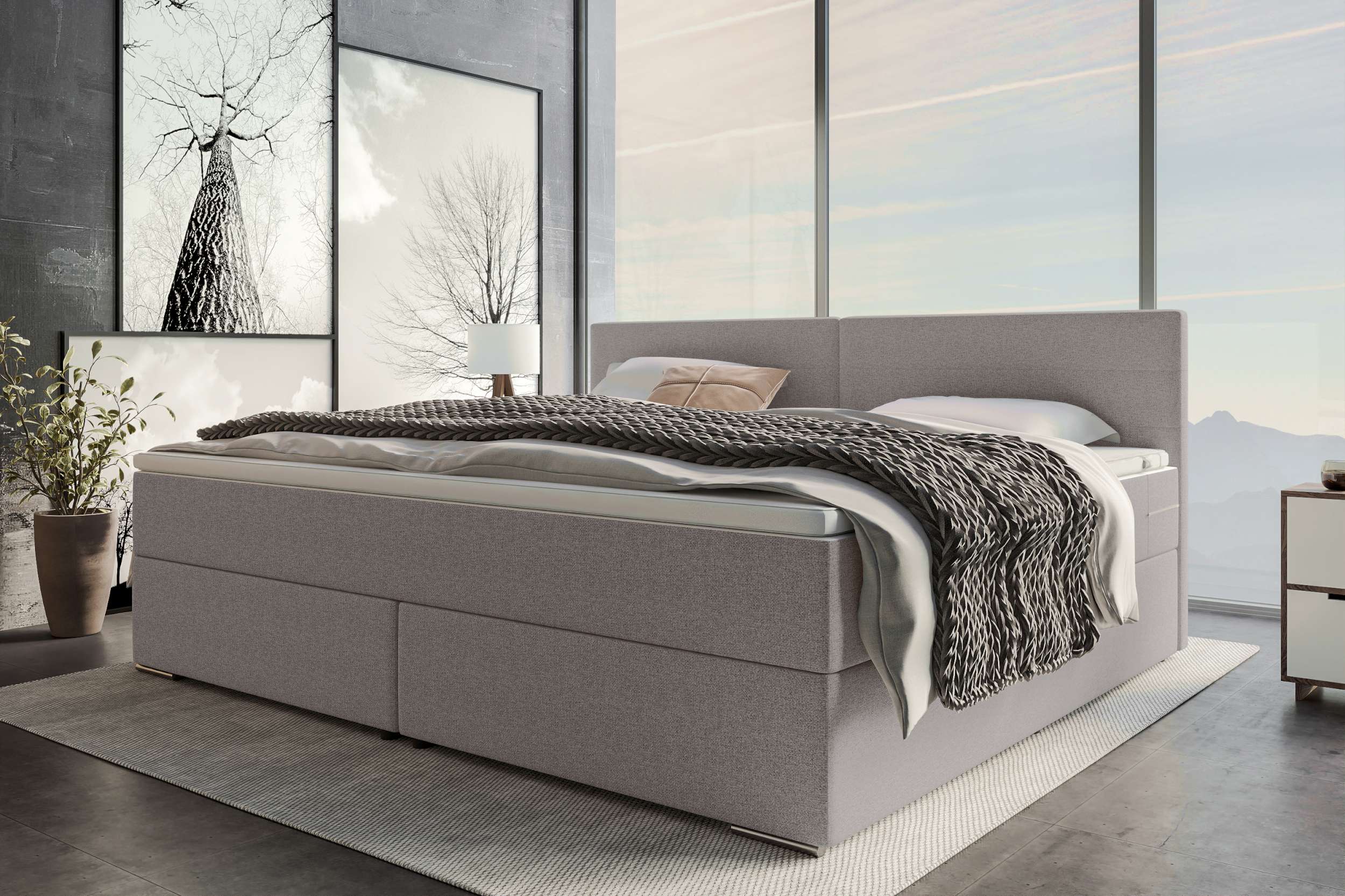 Boxspringbett Valerio Familienbett in Webstoff Hellgrau