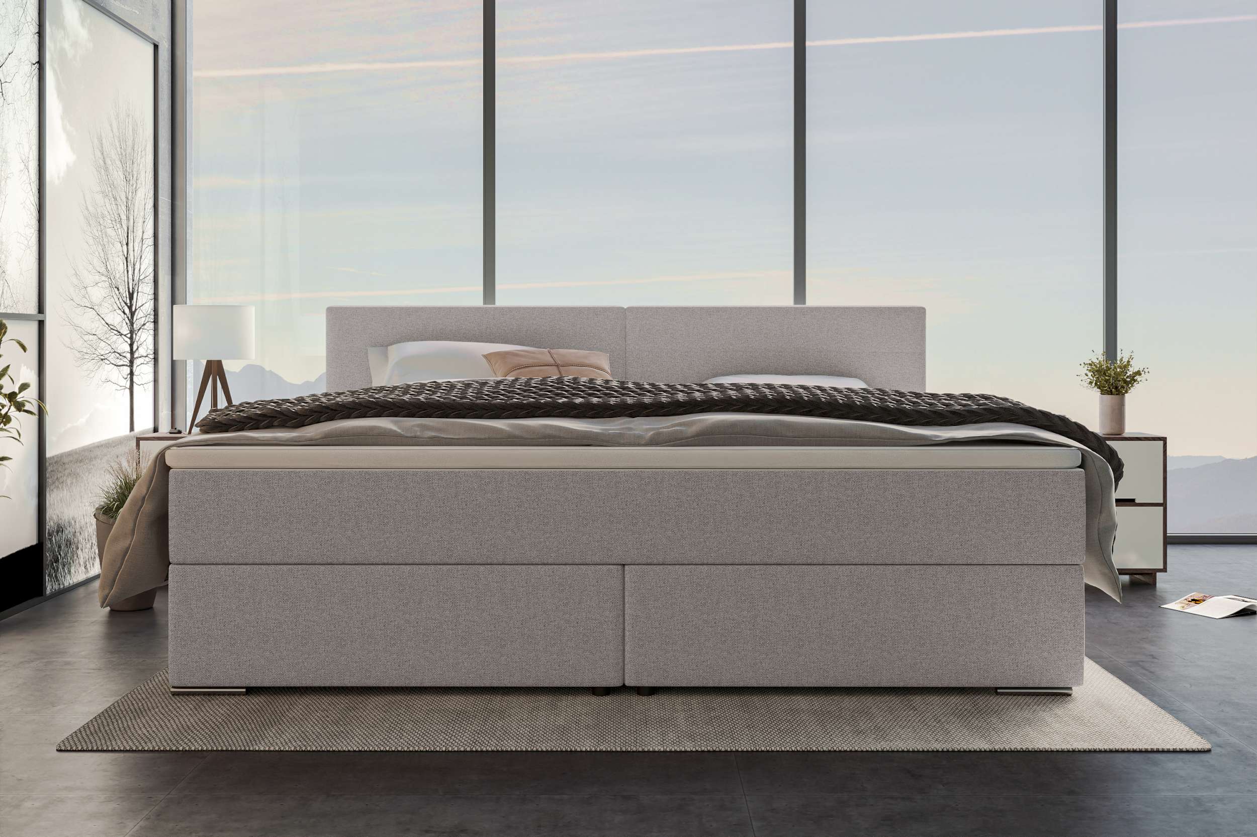 Boxspringbett Valerio Familienbett in Webstoff Hellgrau