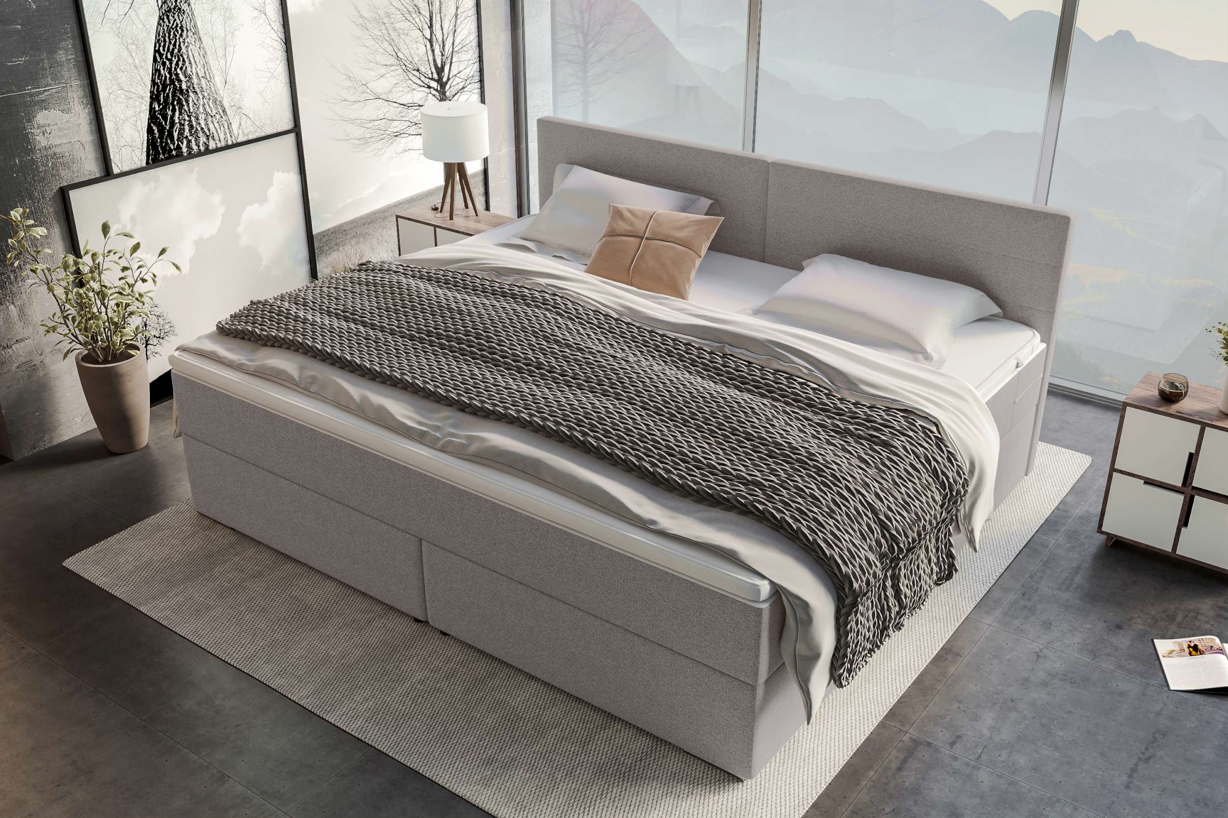 Boxspringbett Valerio Familienbett in Webstoff Hellgrau