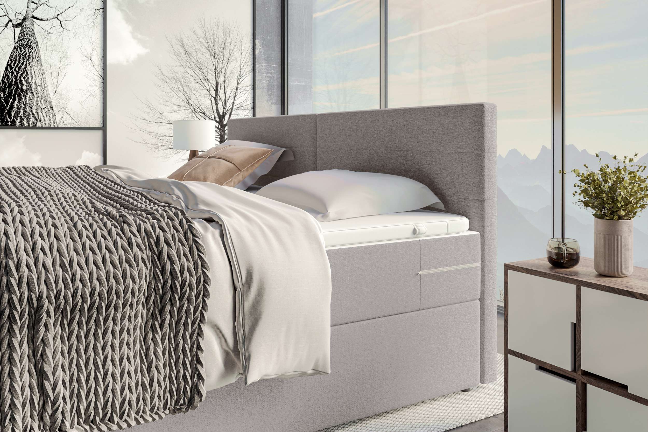 Boxspringbett Valerio Familienbett in Webstoff Hellgrau