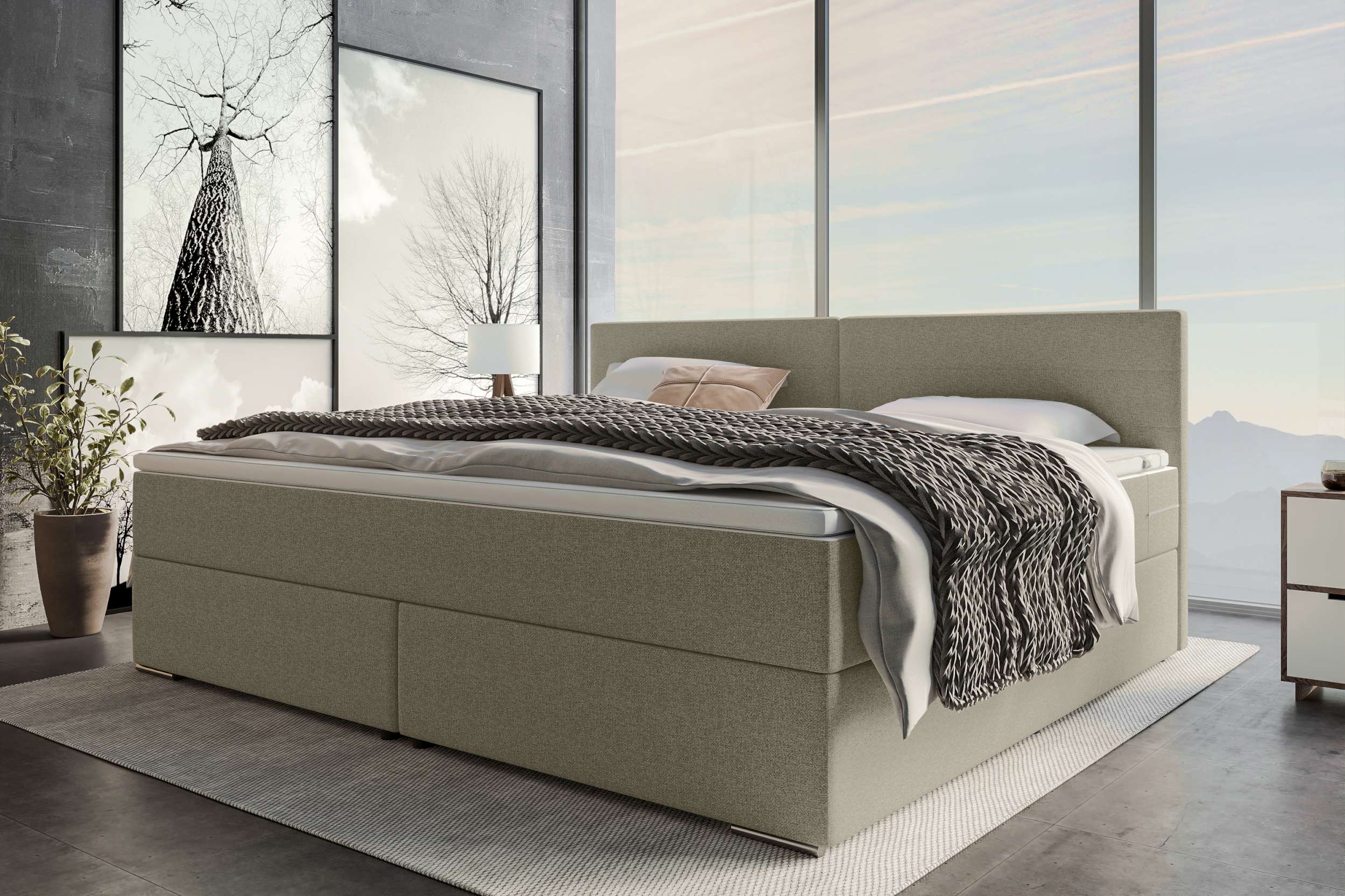 Boxspringbett Valerio Familienbett in Webstoff Beige