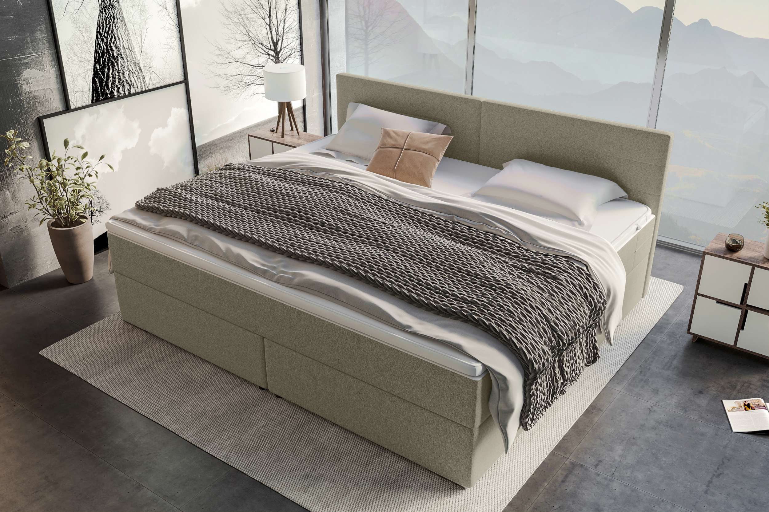 Boxspringbett Valerio Familienbett in Webstoff Beige