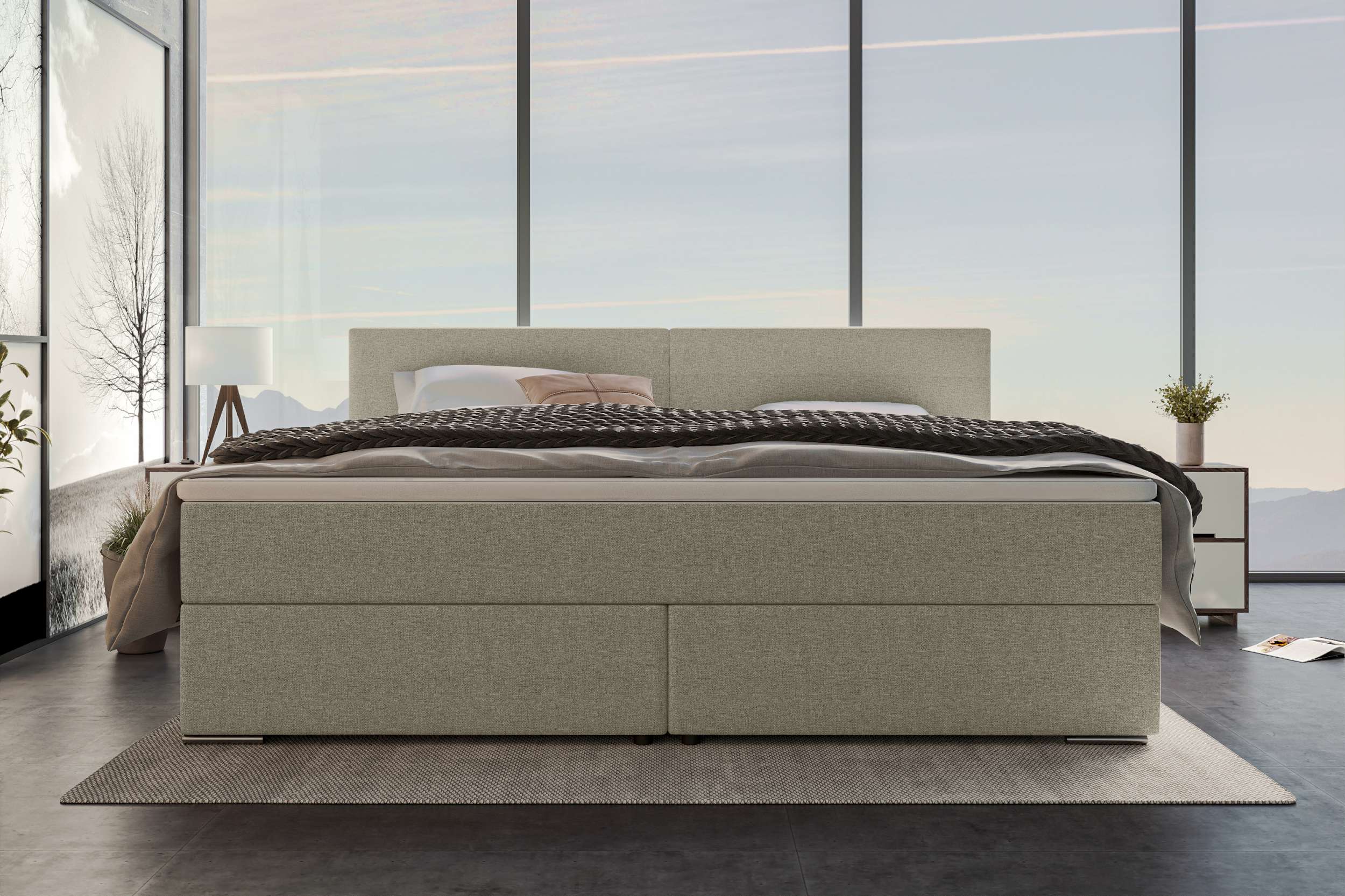Boxspringbett Valerio Familienbett in Webstoff Beige