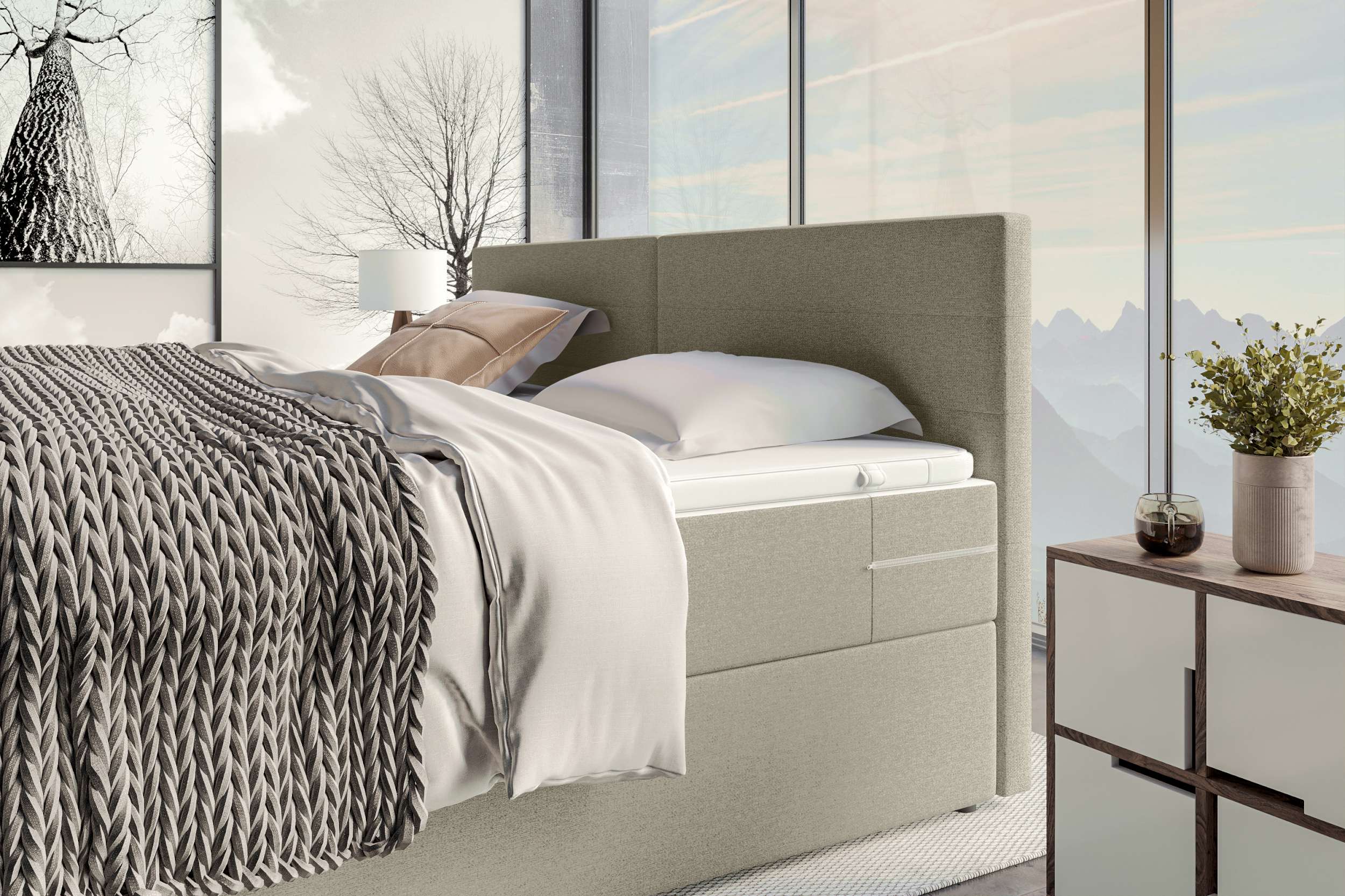 Boxspringbett Valerio Familienbett in Webstoff Beige