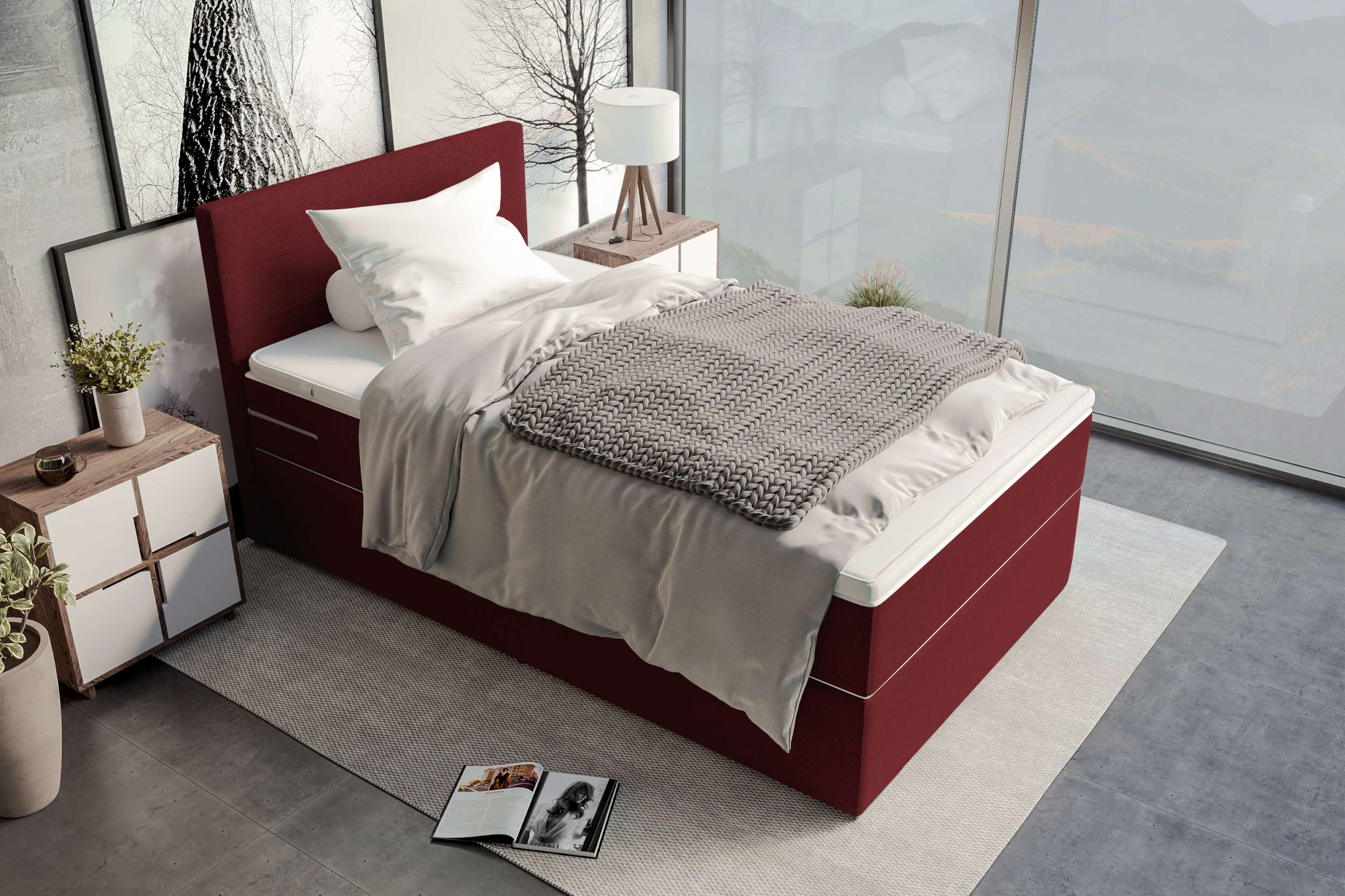 Boxspringbett Valerio Mini Webstoff Bordeaux