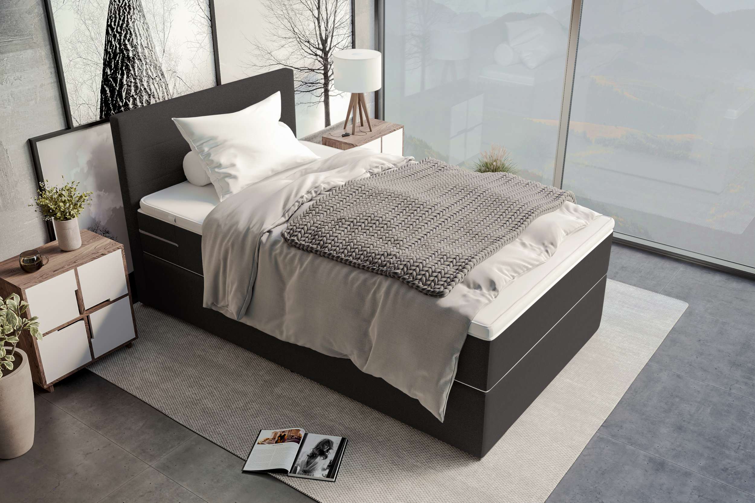 Boxspringbett Valerio Mini Webstoff Anthrazit