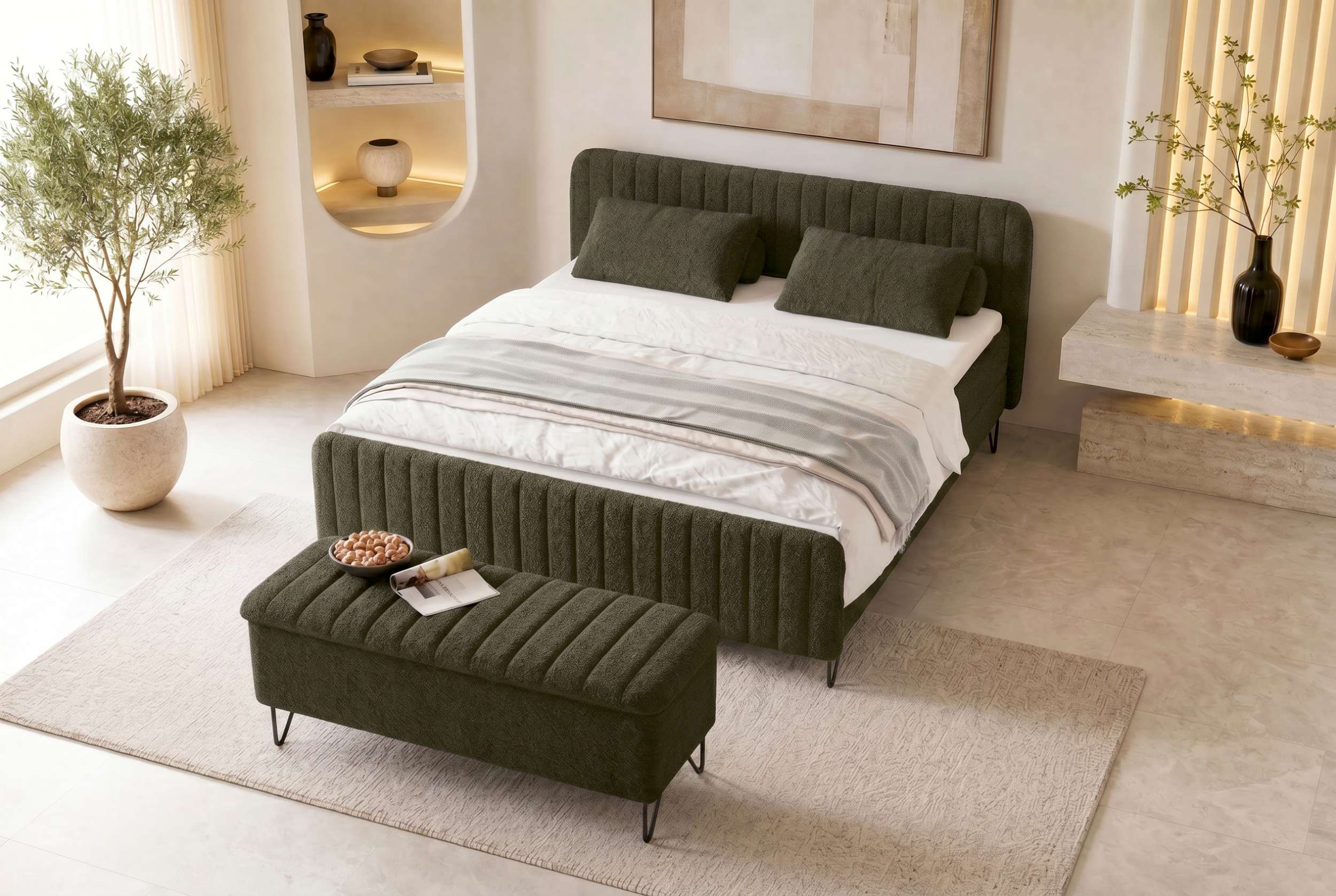 Boxspringbett Aurelio mit Hocker Wintermoos