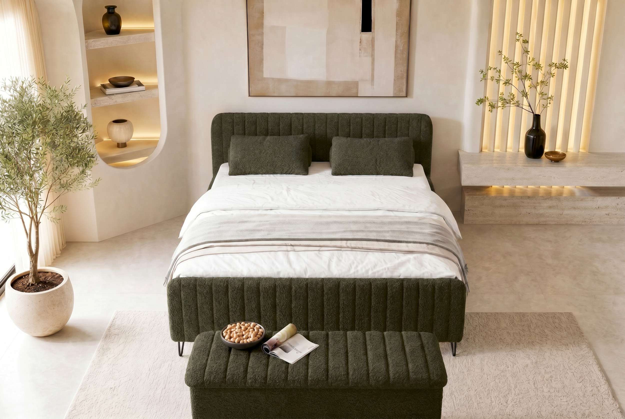 Boxspringbett Aurelio mit Hocker Wintermoos