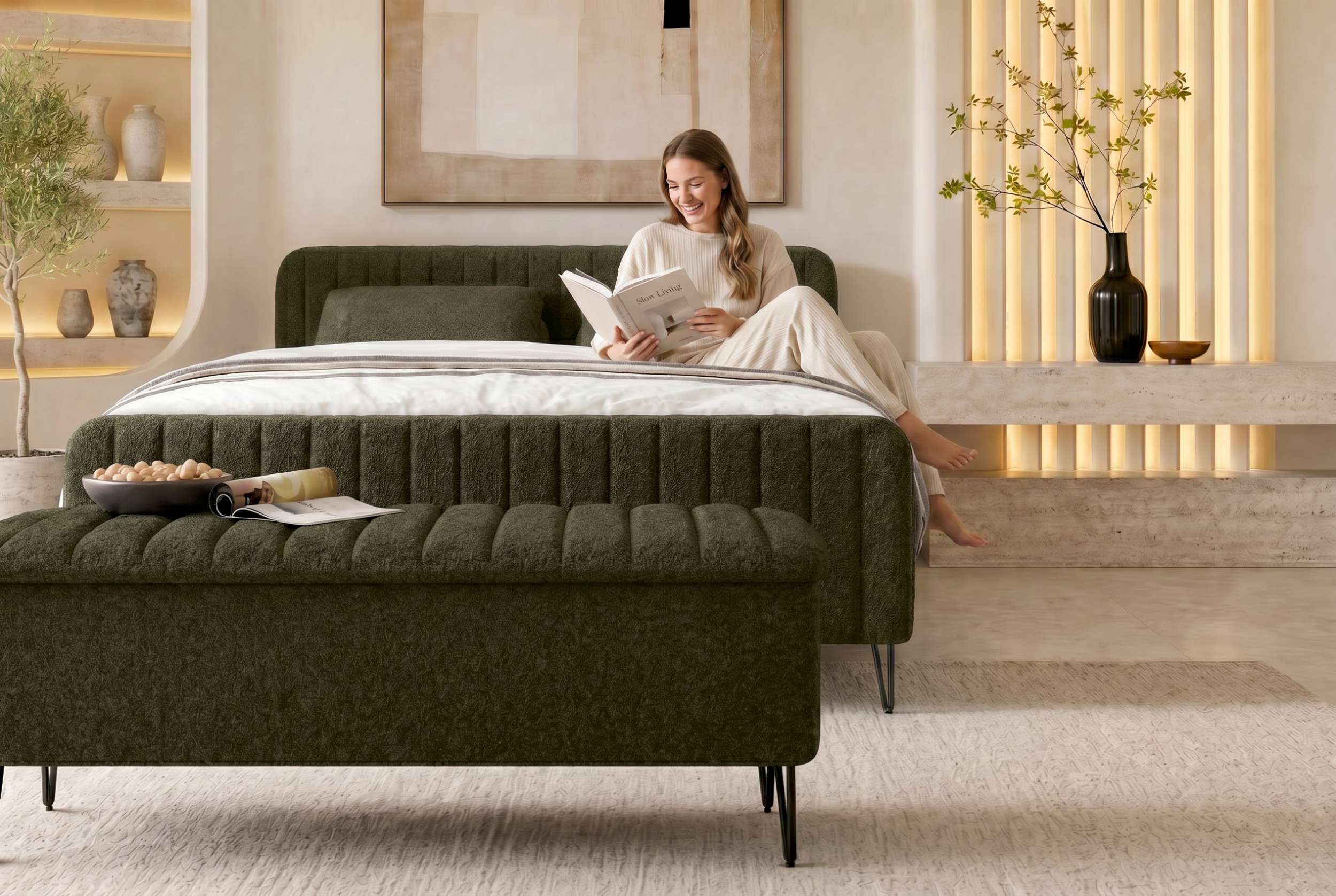 Boxspringbett Aurelio mit Hocker Wintermoos