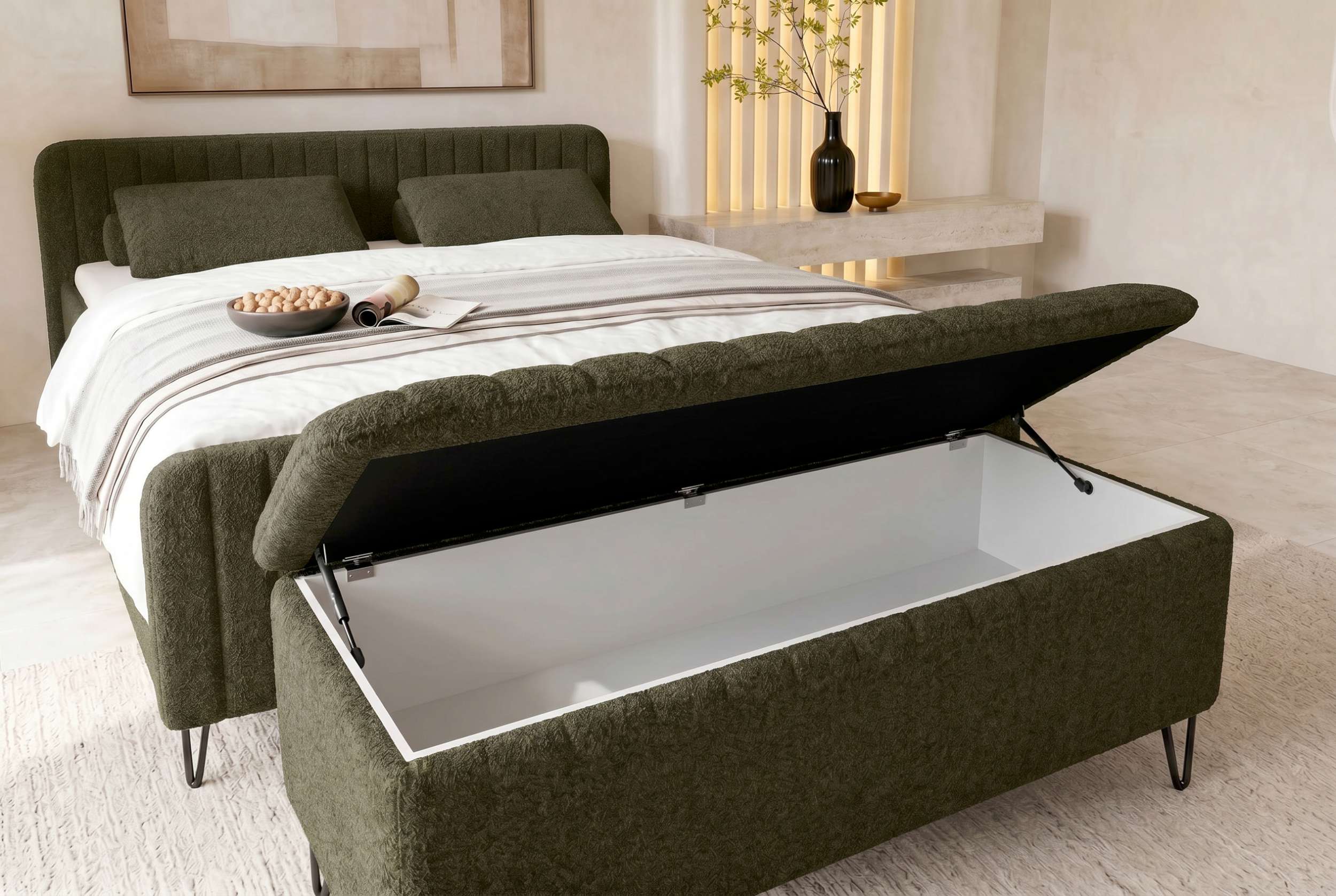 Boxspringbett Aurelio mit Hocker Wintermoos
