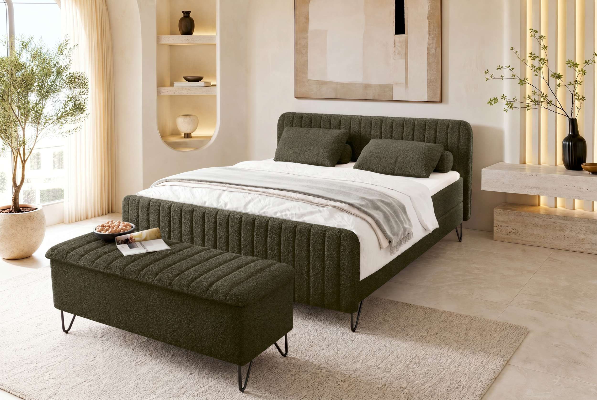 Boxspringbett Aurelio mit Hocker Wintermoos