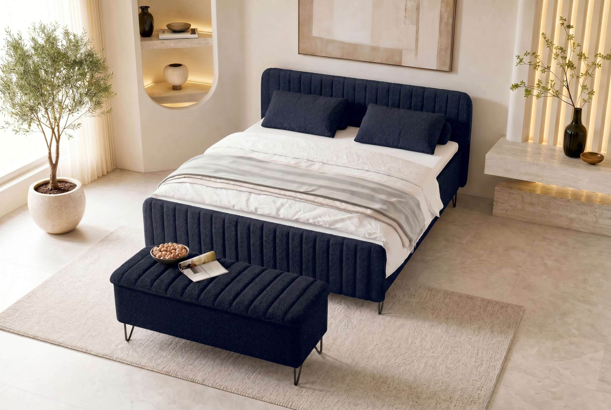 Boxspringbett Aurelio mit Hocker Dunkelblau