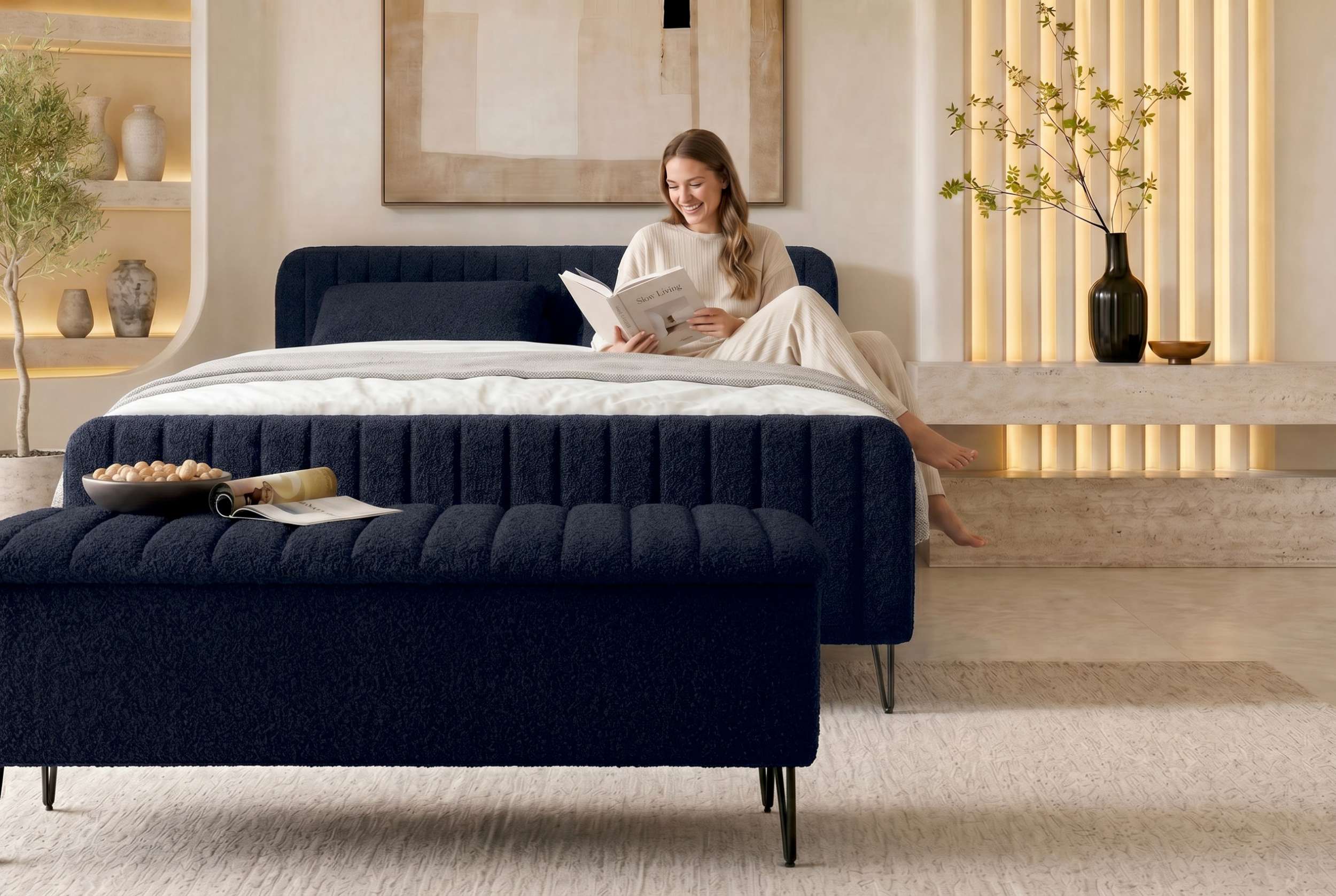 Boxspringbett Aurelio mit Hocker Dunkelblau