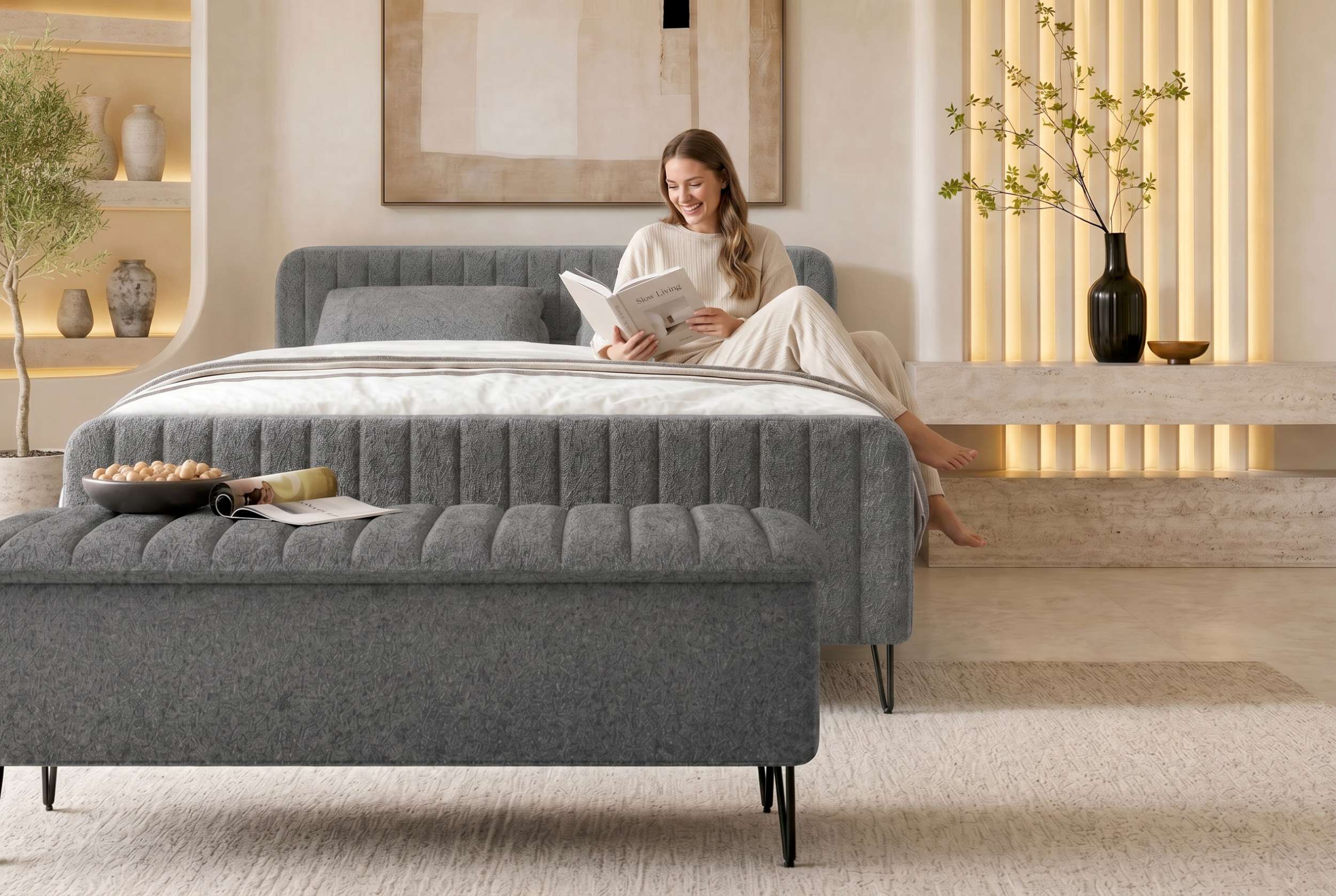 Boxspringbett Aurelio mit Hocker Grau