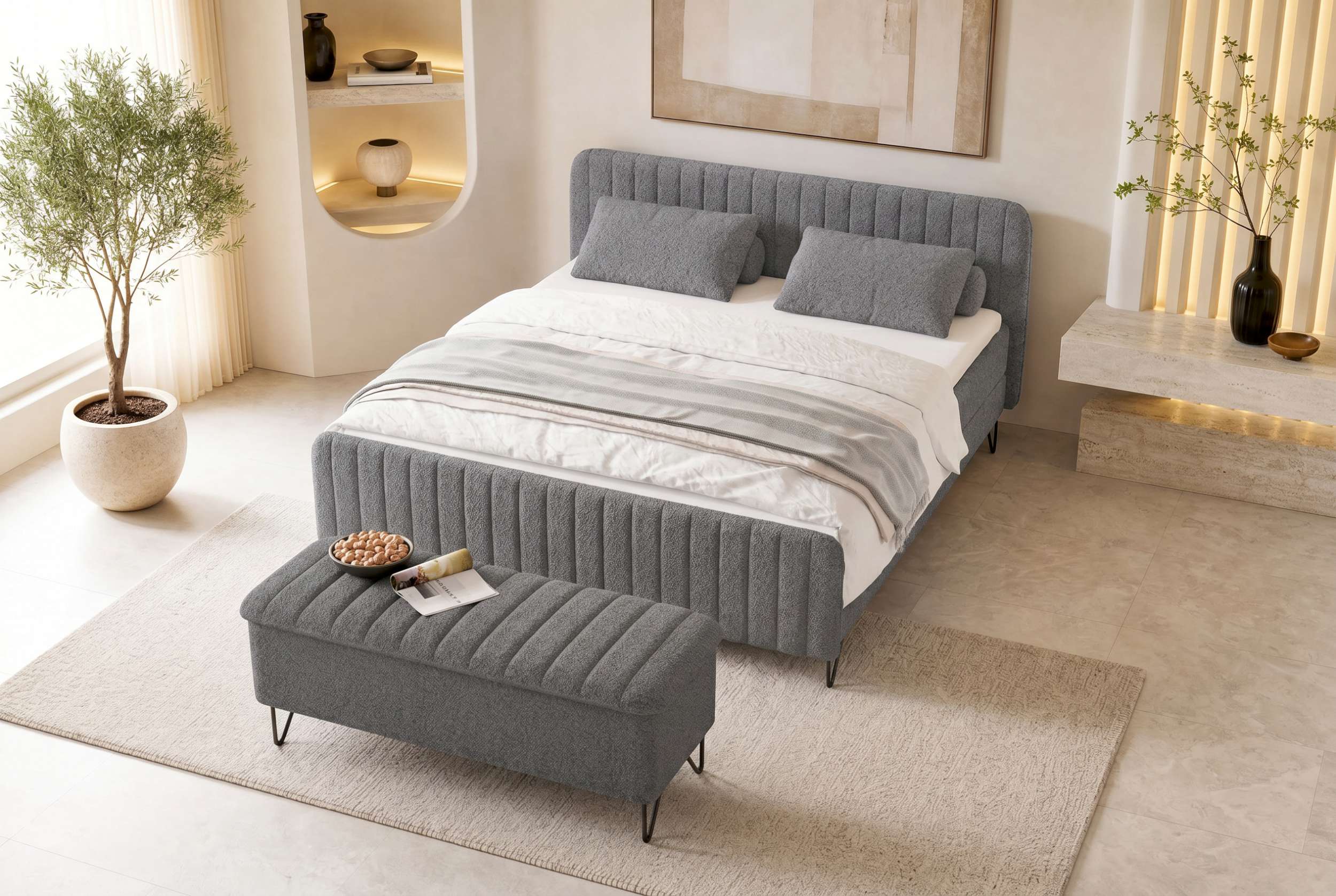Boxspringbett Aurelio mit Hocker Grau